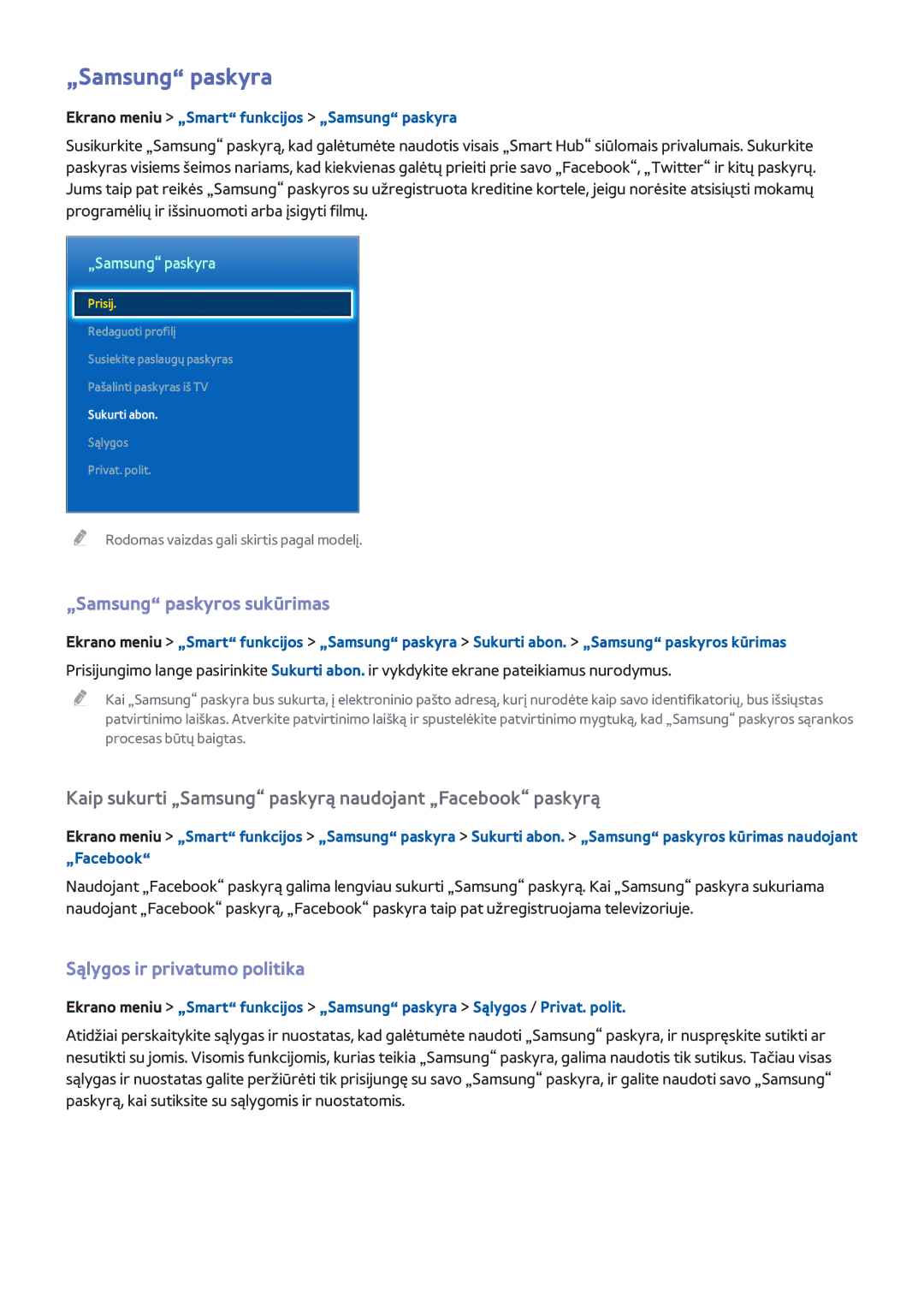 Samsung UE50F6670SBXXH, UE42F5570SSXZG manual „Samsung paskyra, „Samsung paskyros sukūrimas, Sąlygos ir privatumo politika 