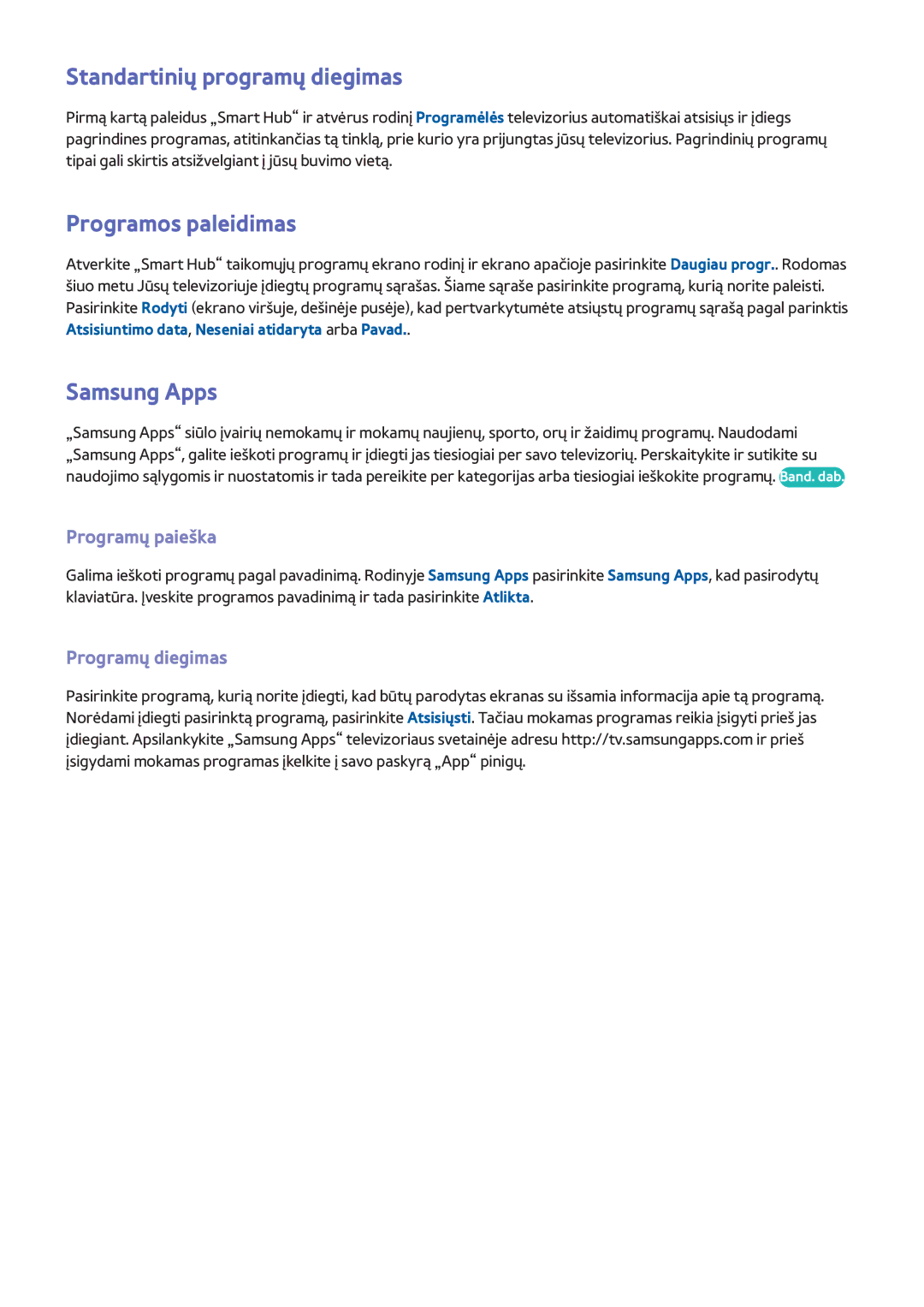 Samsung UE40F6890SSXZG manual Standartinių programų diegimas, Programos paleidimas, Samsung Apps, Programų paieška 