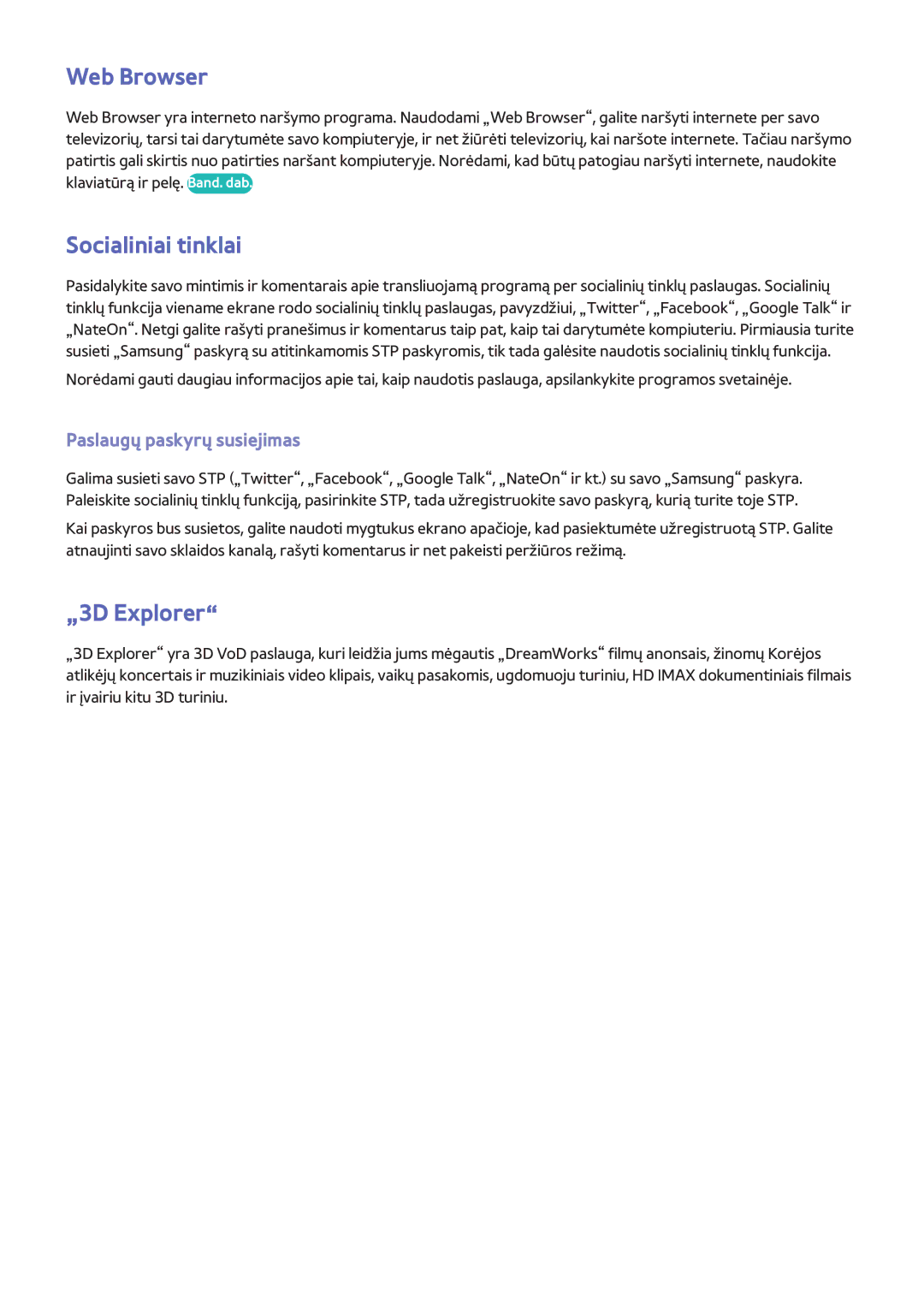 Samsung UE60F6370SSXZG, UE42F5570SSXZG manual Web Browser, Socialiniai tinklai, „3D Explorer, Paslaugų paskyrų susiejimas 