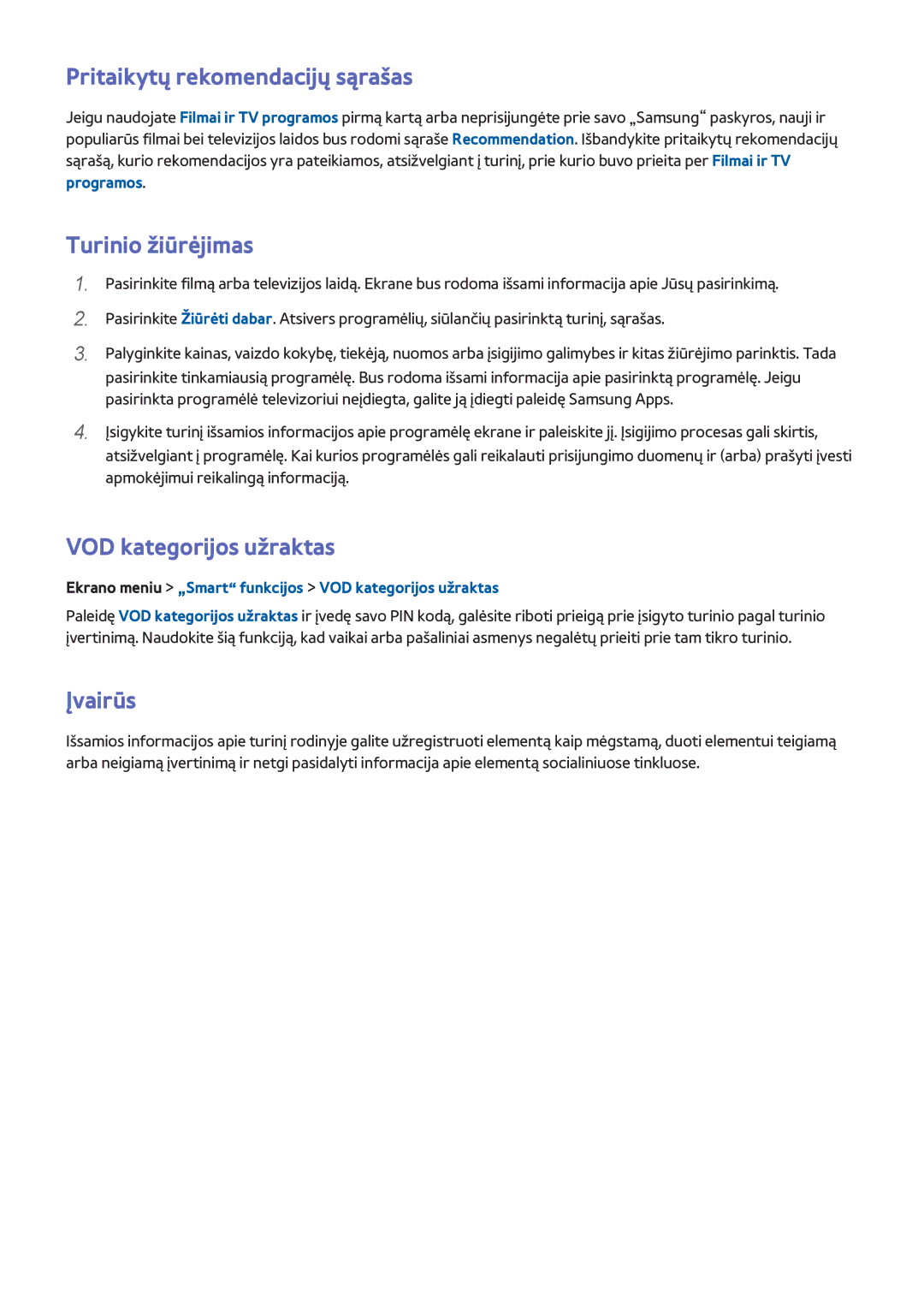 Samsung UE42F5370SSXZG manual Pritaikytų rekomendacijų sąrašas, Turinio žiūrėjimas, VOD kategorijos užraktas, Įvairūs 