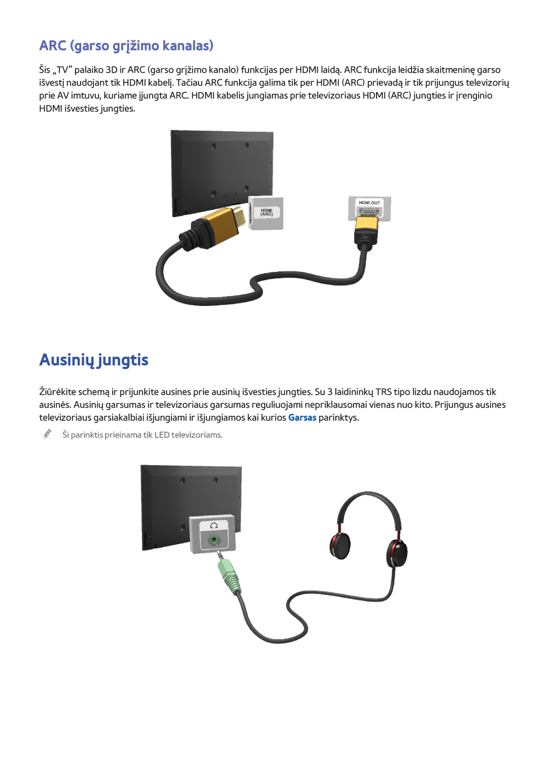 Samsung UE32F4500AWXXH, UE42F5570SSXZG, UE55F6500SSXZG, UE46F6510SSXZG manual Ausinių jungtis, ARC garso grįžimo kanalas 