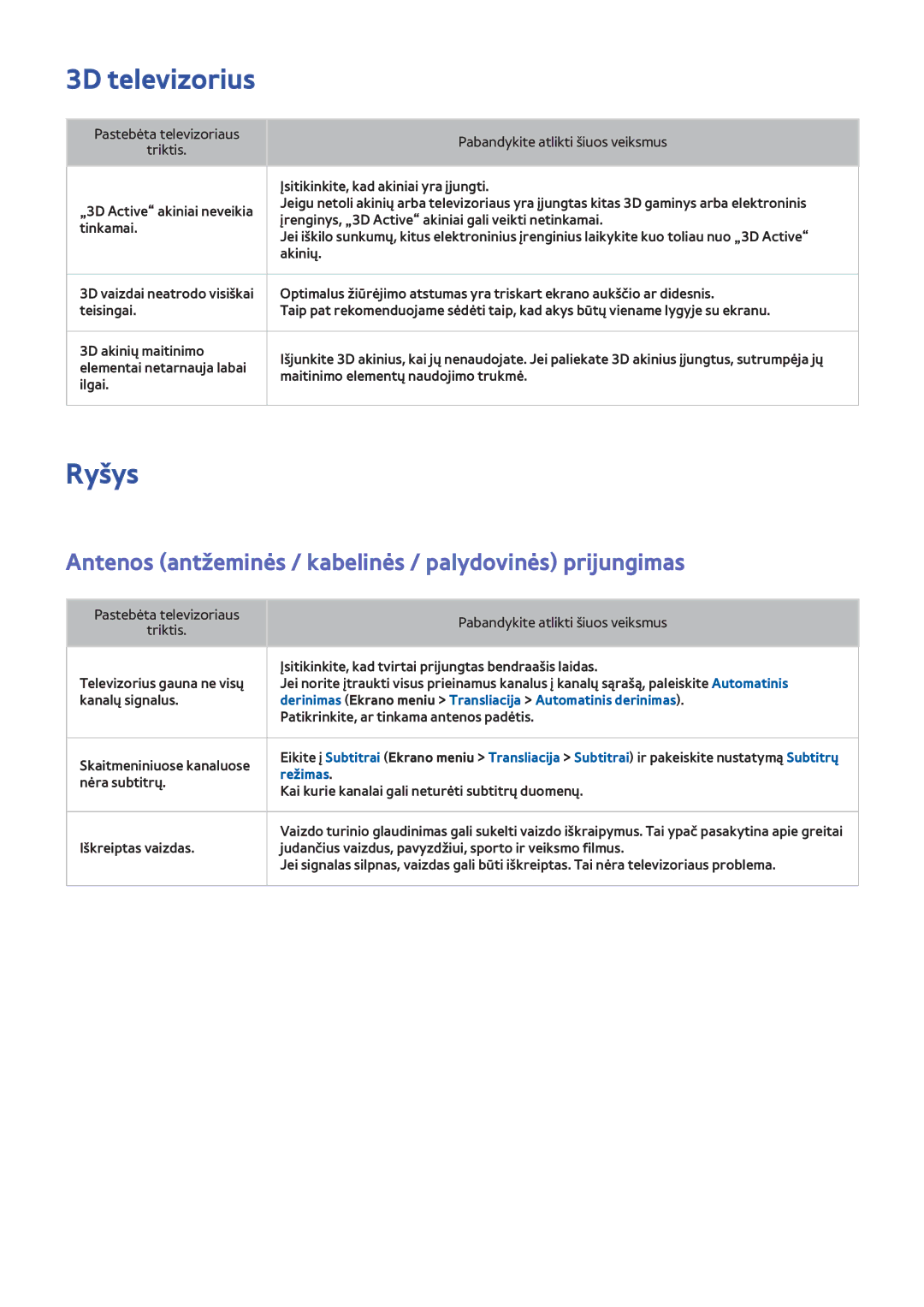 Samsung UE40F5700AWXXH, UE42F5570SSXZG, UE55F6500SSXZG manual Ryšys, Antenos antžeminės / kabelinės / palydovinės prijungimas 