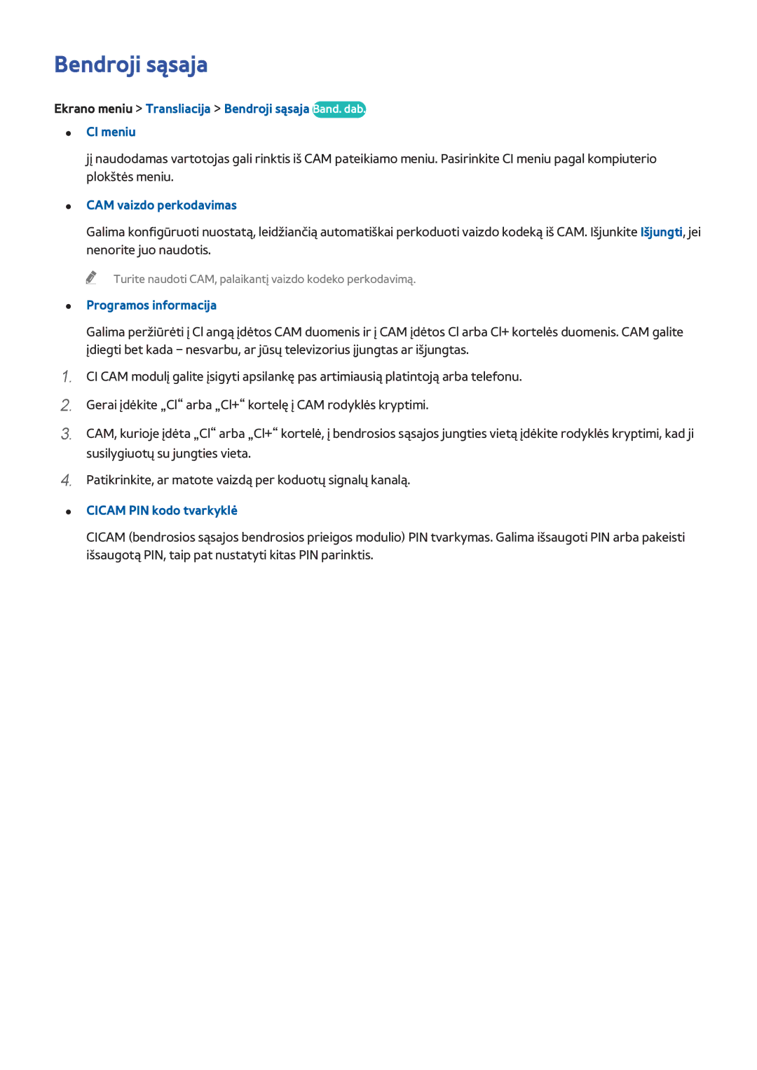 Samsung UE55F6400AKXXH manual Bendroji sąsaja, CAM vaizdo perkodavimas, Programos informacija, Cicam PIN kodo tvarkyklė 
