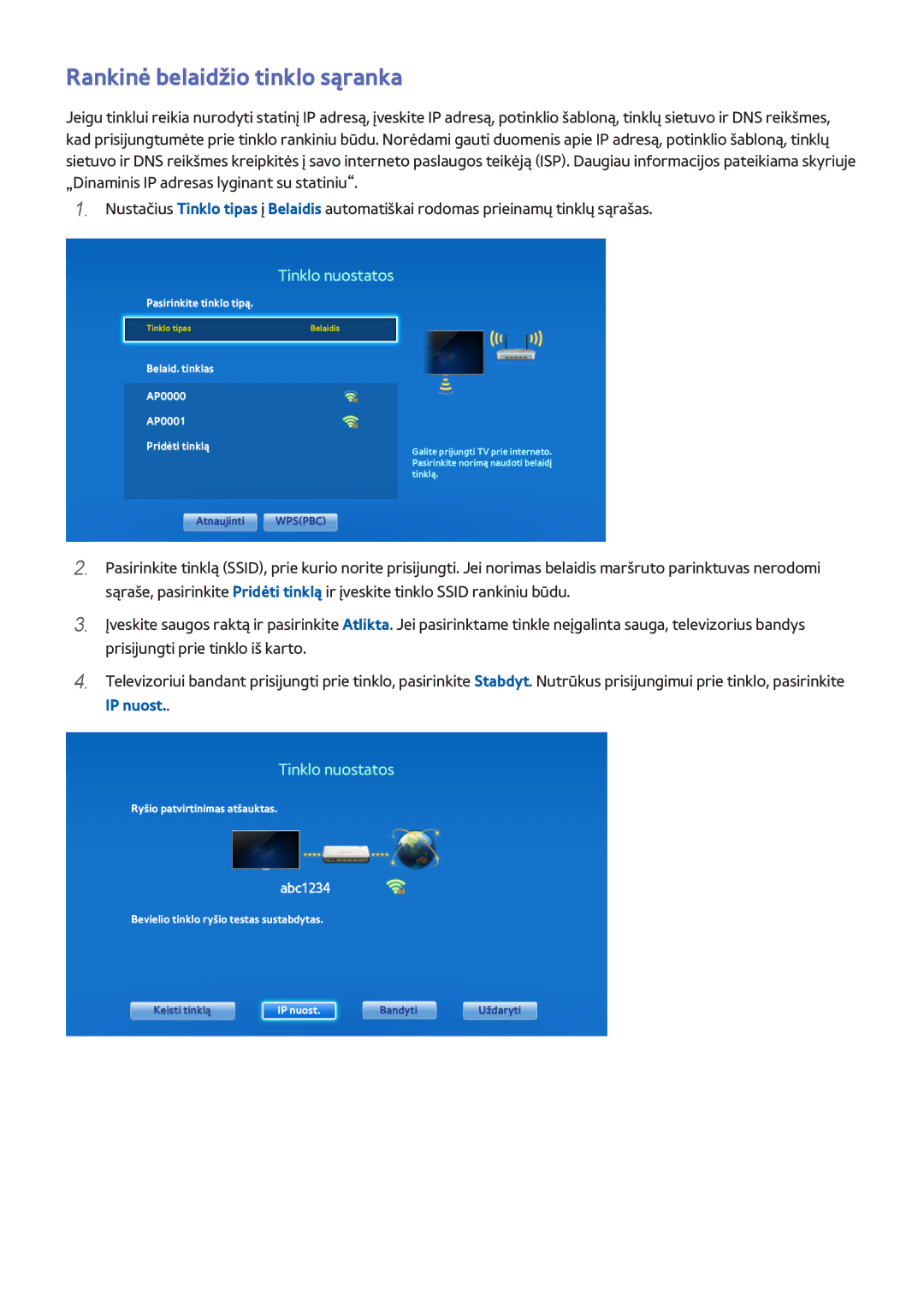 Samsung UE32F6200AWXXH, UE42F5570SSXZG manual Rankinė belaidžio tinklo sąranka, Belaid. tinklas AP0000 AP0001 Pridėti tinklą 