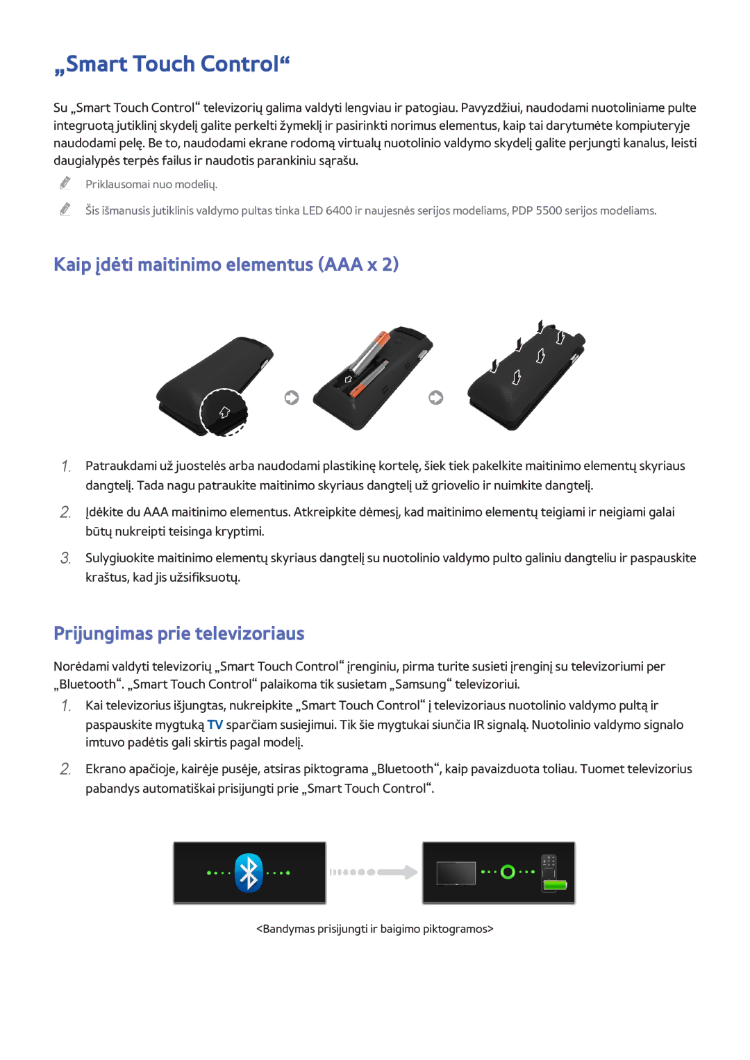 Samsung UE42F5700AWXXH manual „Smart Touch Control, Kaip įdėti maitinimo elementus AAA x, Prijungimas prie televizoriaus 