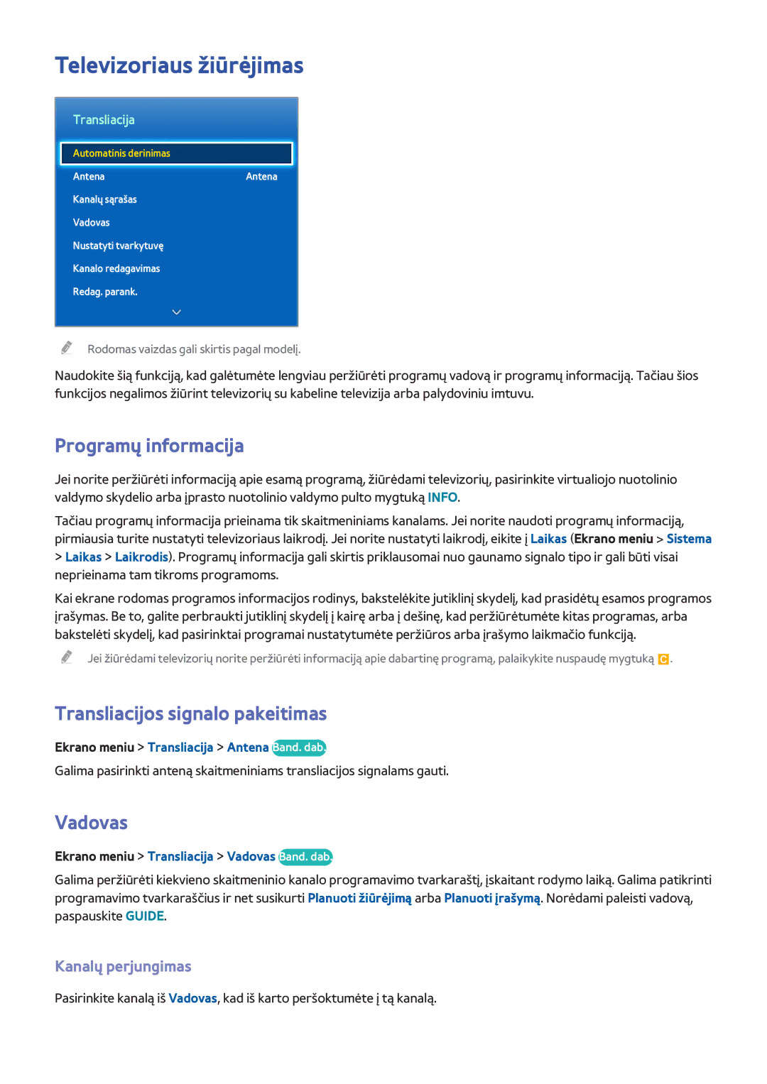 Samsung UE42F5370SSXZG manual Televizoriaus žiūrėjimas, Programų informacija, Transliacijos signalo pakeitimas, Vadovas 