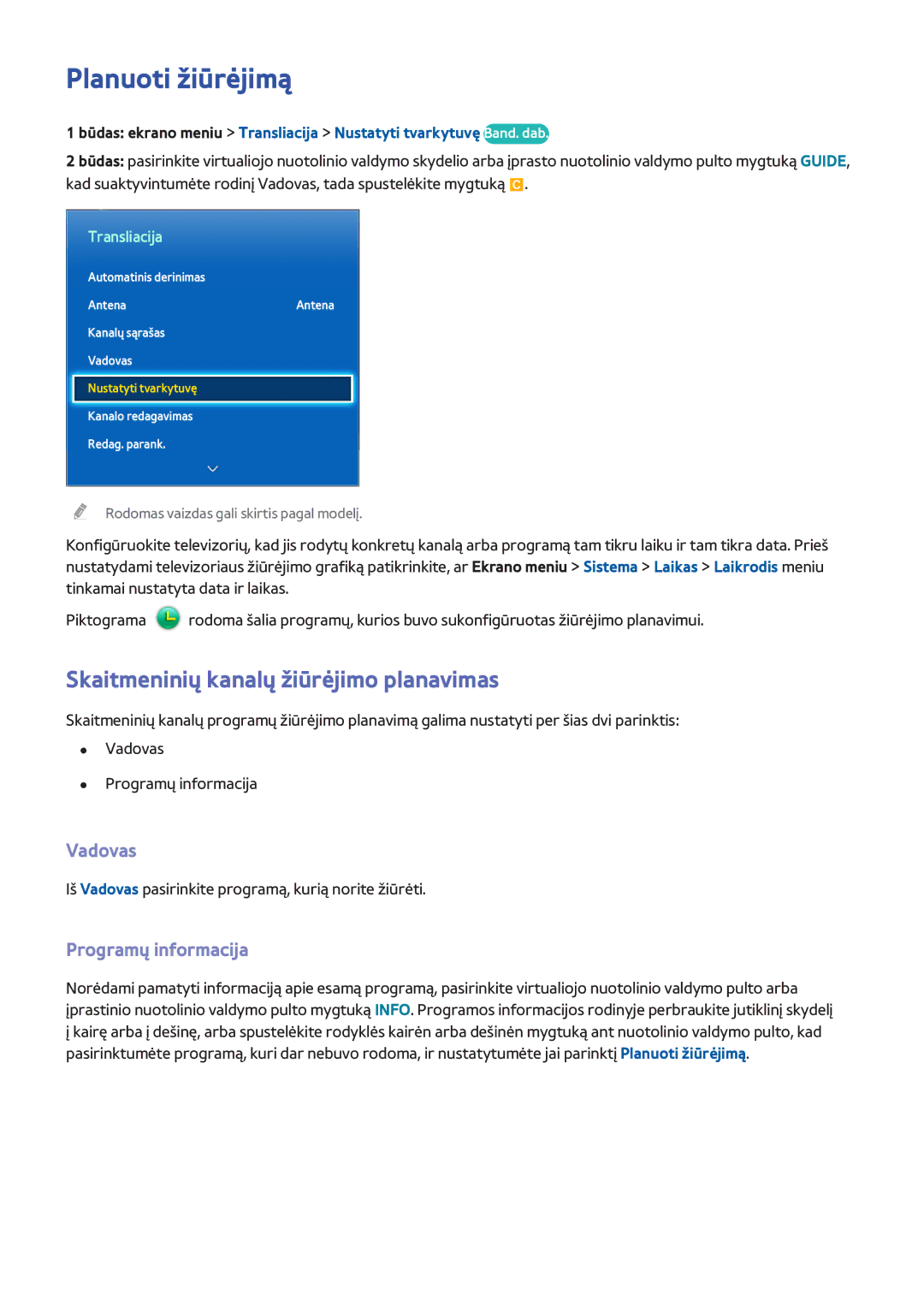 Samsung UE40F5500AWXXH manual Planuoti žiūrėjimą, Skaitmeninių kanalų žiūrėjimo planavimas, Vadovas, Programų informacija 