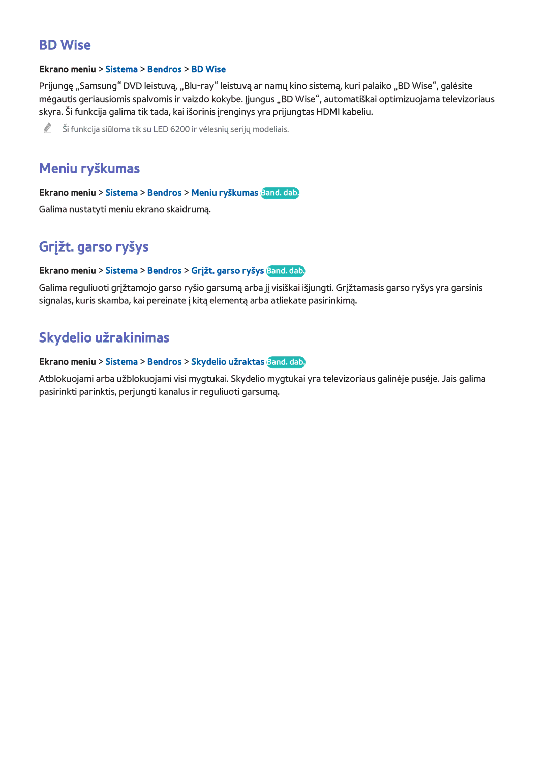 Samsung UE55F6740SBXXH, UE42F5570SSXZG, UE55F6500SSXZG BD Wise, Meniu ryškumas, Grįžt. garso ryšys, Skydelio užrakinimas 