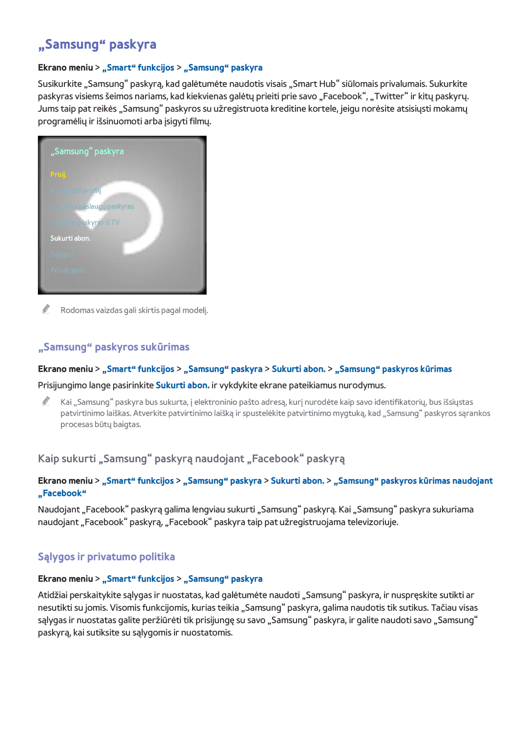 Samsung UE40F5700AWXXH, UE42F5570SSXZG manual „Samsung paskyra, „Samsung paskyros sukūrimas, Sąlygos ir privatumo politika 