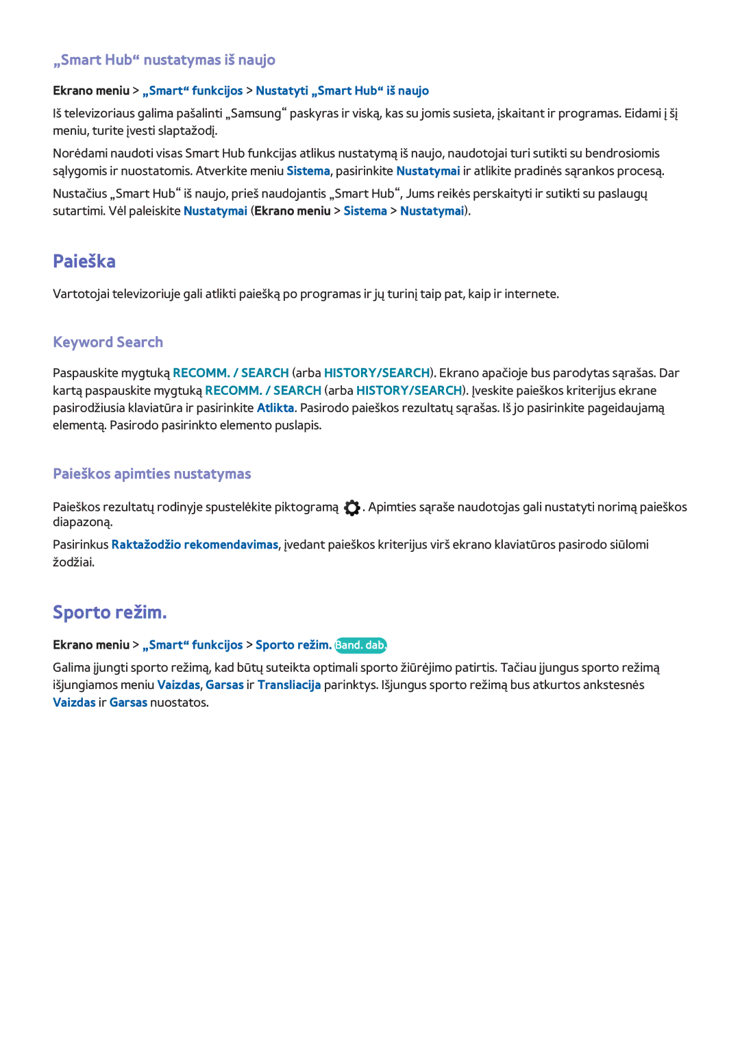 Samsung UE55F6500SSXZG manual Sporto režim, „Smart Hub nustatymas iš naujo, Keyword Search, Paieškos apimties nustatymas 