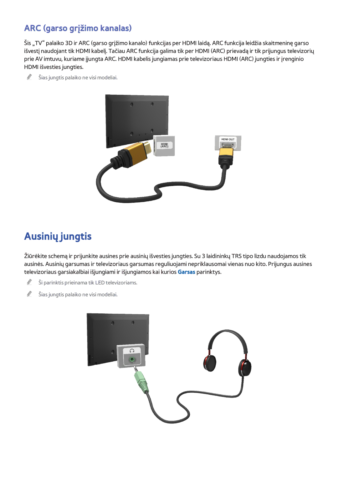 Samsung UE32F4500AWXXH, UE42F5570SSXZG, UE55F6500SSXZG, UE46F6510SSXZG manual Ausinių jungtis, ARC garso grįžimo kanalas 