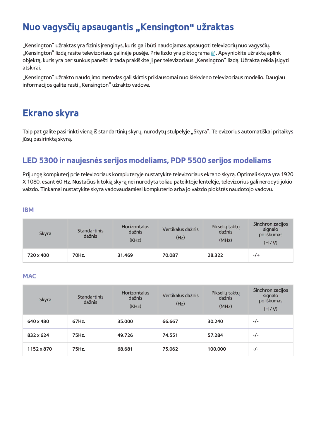 Samsung UE46F6500SBXXH, UE42F5570SSXZG, UE55F6500SSXZG manual Nuo vagysčių apsaugantis „Kensington užraktas, Ekrano skyra 