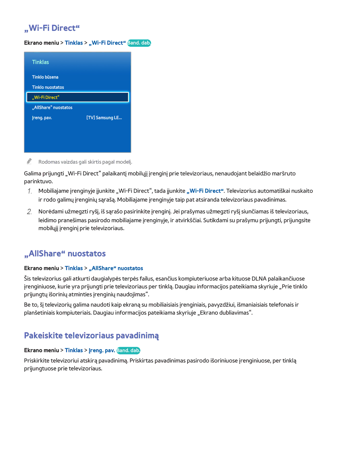 Samsung UE22F5410AWXXH, UE42F5570SSXZG manual „Wi-Fi Direct, „AllShare nuostatos, Pakeiskite televizoriaus pavadinimą 