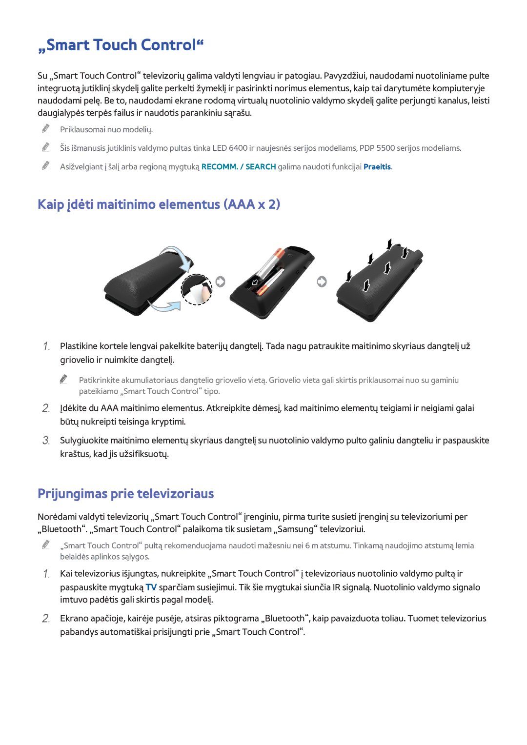 Samsung UE42F5700AWXXH manual „Smart Touch Control, Kaip įdėti maitinimo elementus AAA x, Prijungimas prie televizoriaus 