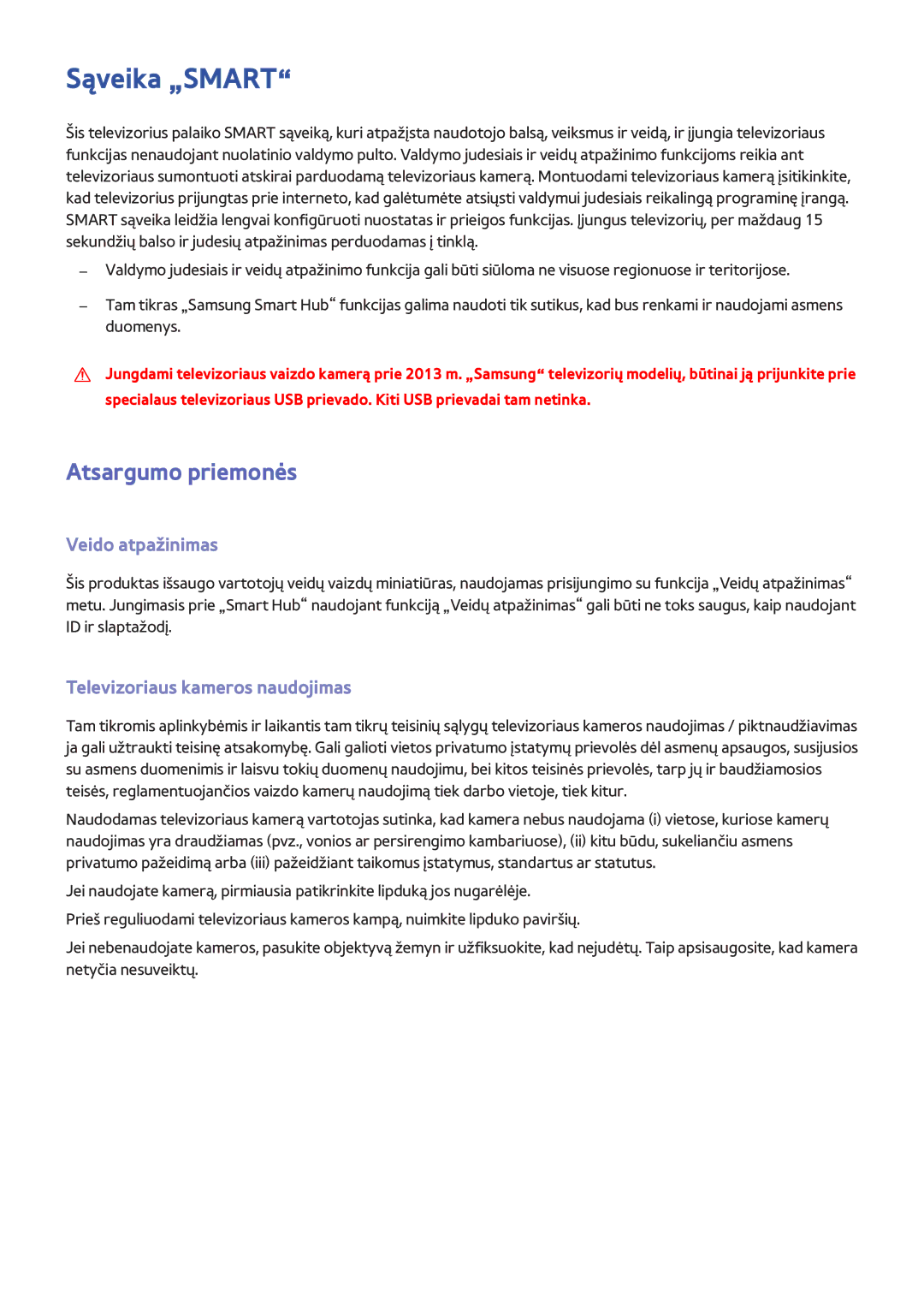 Samsung UE42F5570SSXZG manual Sąveika „SMART, Atsargumo priemonės, Veido atpažinimas, Televizoriaus kameros naudojimas 