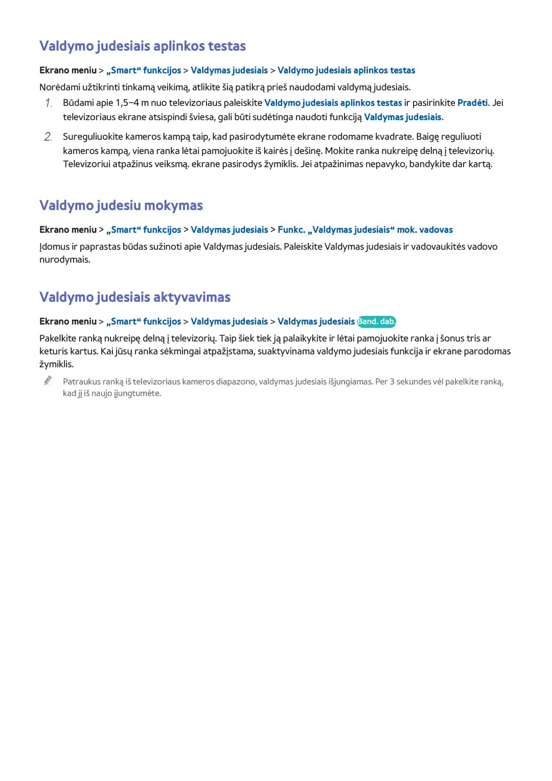 Samsung UE50F6500SSXZG manual Valdymo judesiais aplinkos testas, Valdymo judesiu mokymas, Valdymo judesiais aktyvavimas 