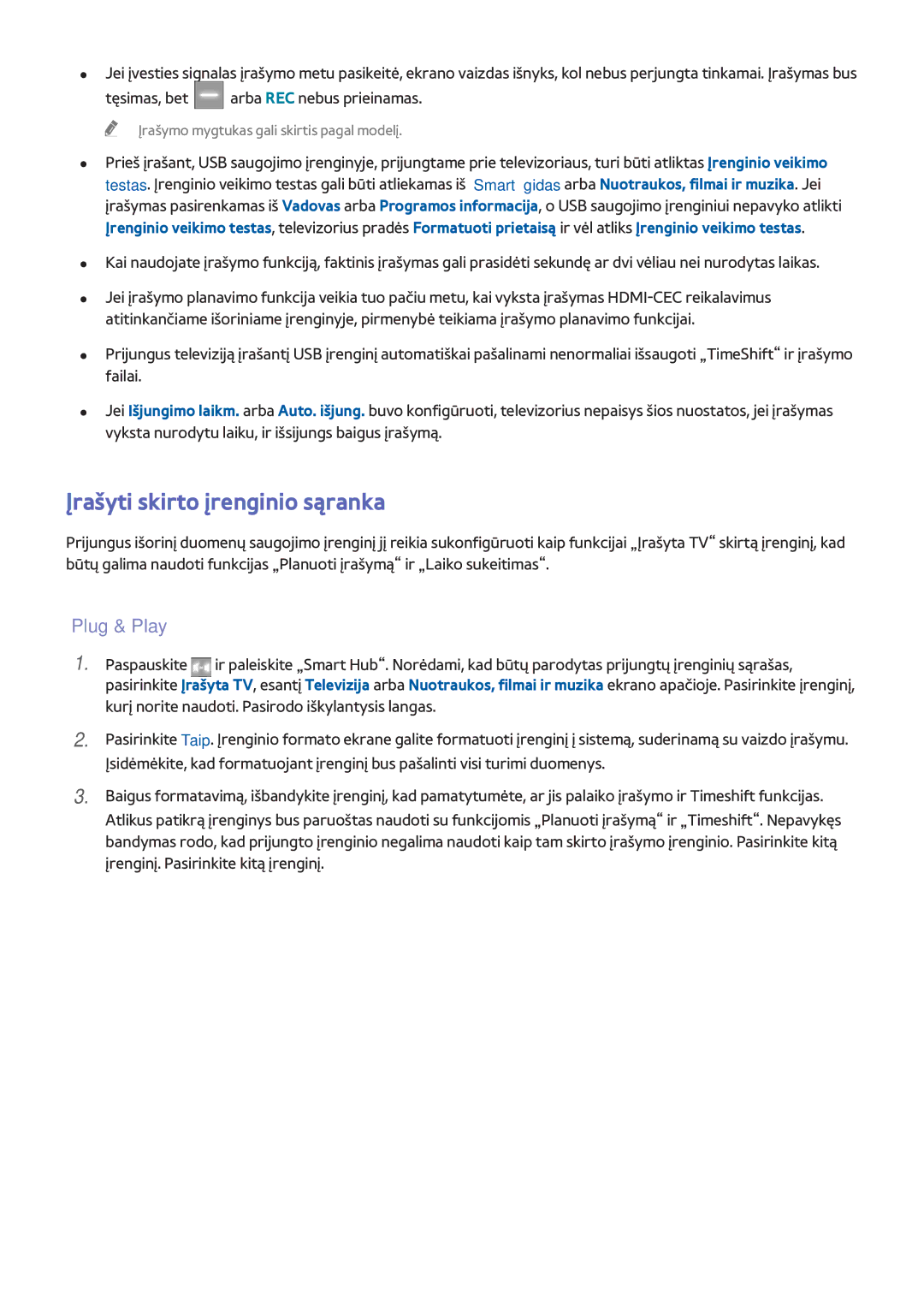 Samsung UE46F6200AWXXH, UE42F5570SSXZG, UE55F6500SSXZG, UE46F6510SSXZG manual Įrašyti skirto įrenginio sąranka, „Plug & Play 