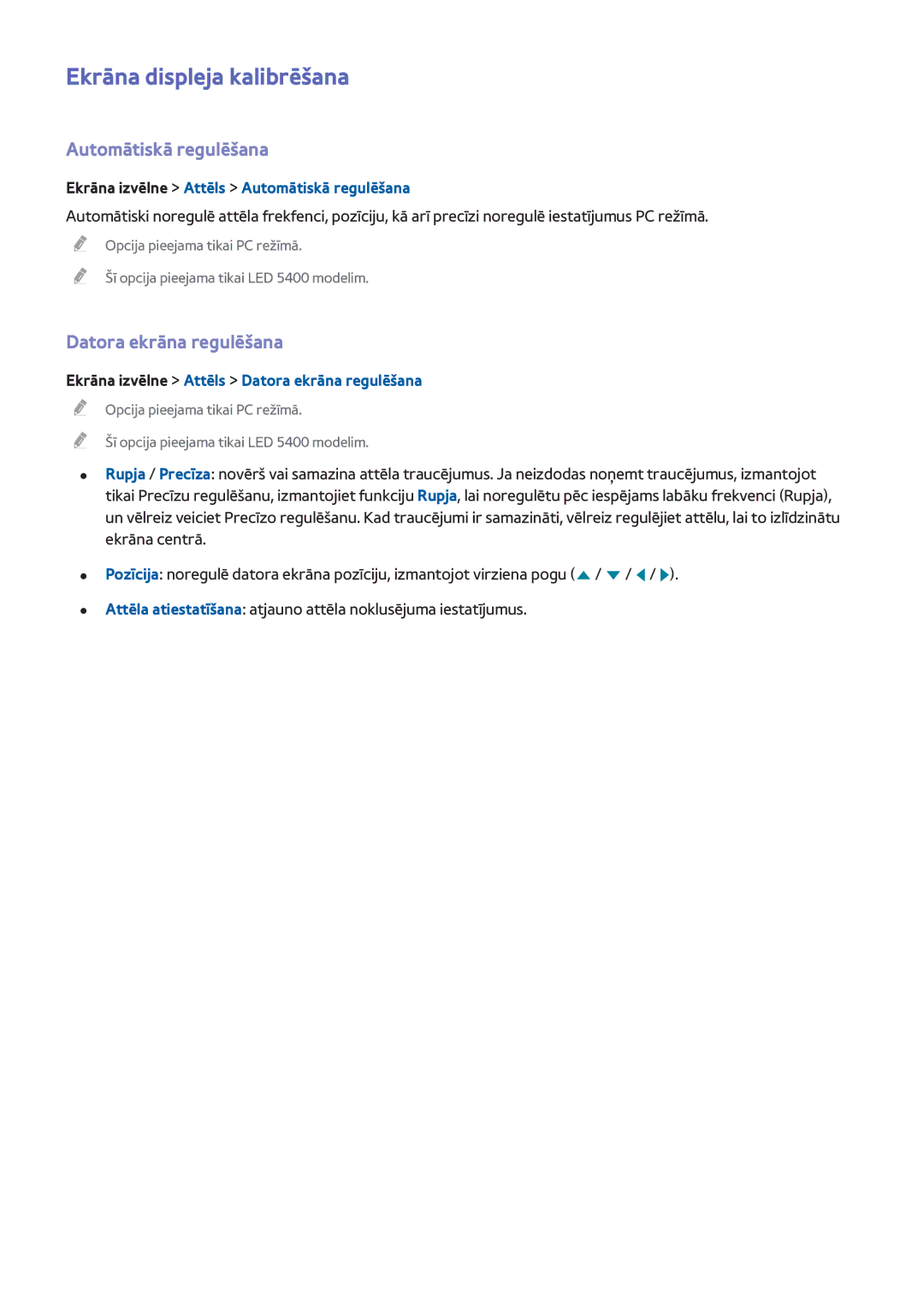 Samsung UE32F6510SBXXH, UE42F5570SSXZG manual Ekrāna displeja kalibrēšana, Automātiskā regulēšana, Datora ekrāna regulēšana 