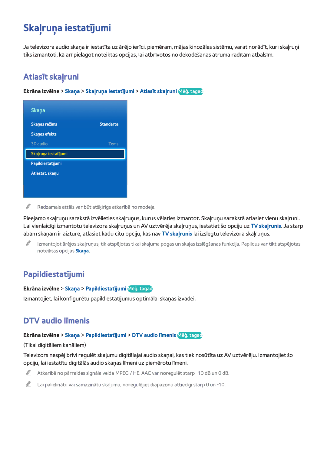 Samsung UE22F5410AWXXH, UE42F5570SSXZG manual Skaļruņa iestatījumi, Atlasīt skaļruni, Papildiestatījumi, DTV audio līmenis 