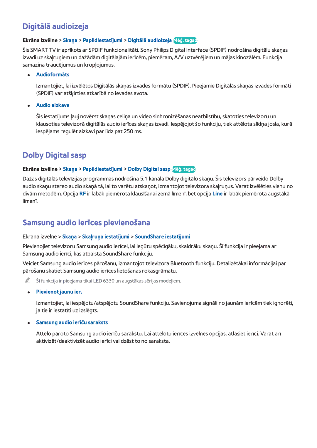 Samsung UE42F5700AWXXH, UE42F5570SSXZG manual Digitālā audioizeja, Dolby Digital sasp, Samsung audio ierīces pievienošana 