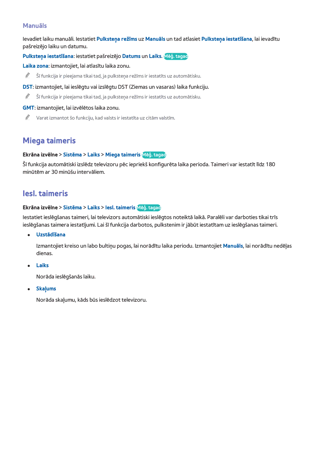 Samsung UE46F6670SBXXH, UE42F5570SSXZG, UE55F6500SSXZG, UE46F6510SSXZG manual Miega taimeris, Iesl. taimeris, Manuāls 