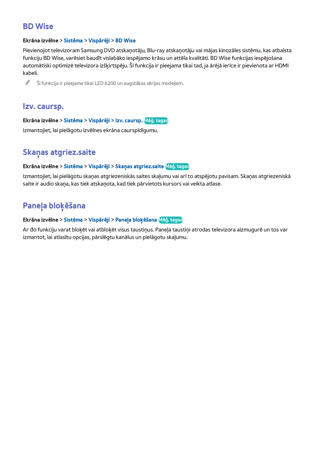 Samsung UE55F6670SBXXH, UE42F5570SSXZG, UE55F6500SSXZG manual BD Wise, Izv. caursp, Skaņas atgriez.saite, Paneļa bloķēšana 
