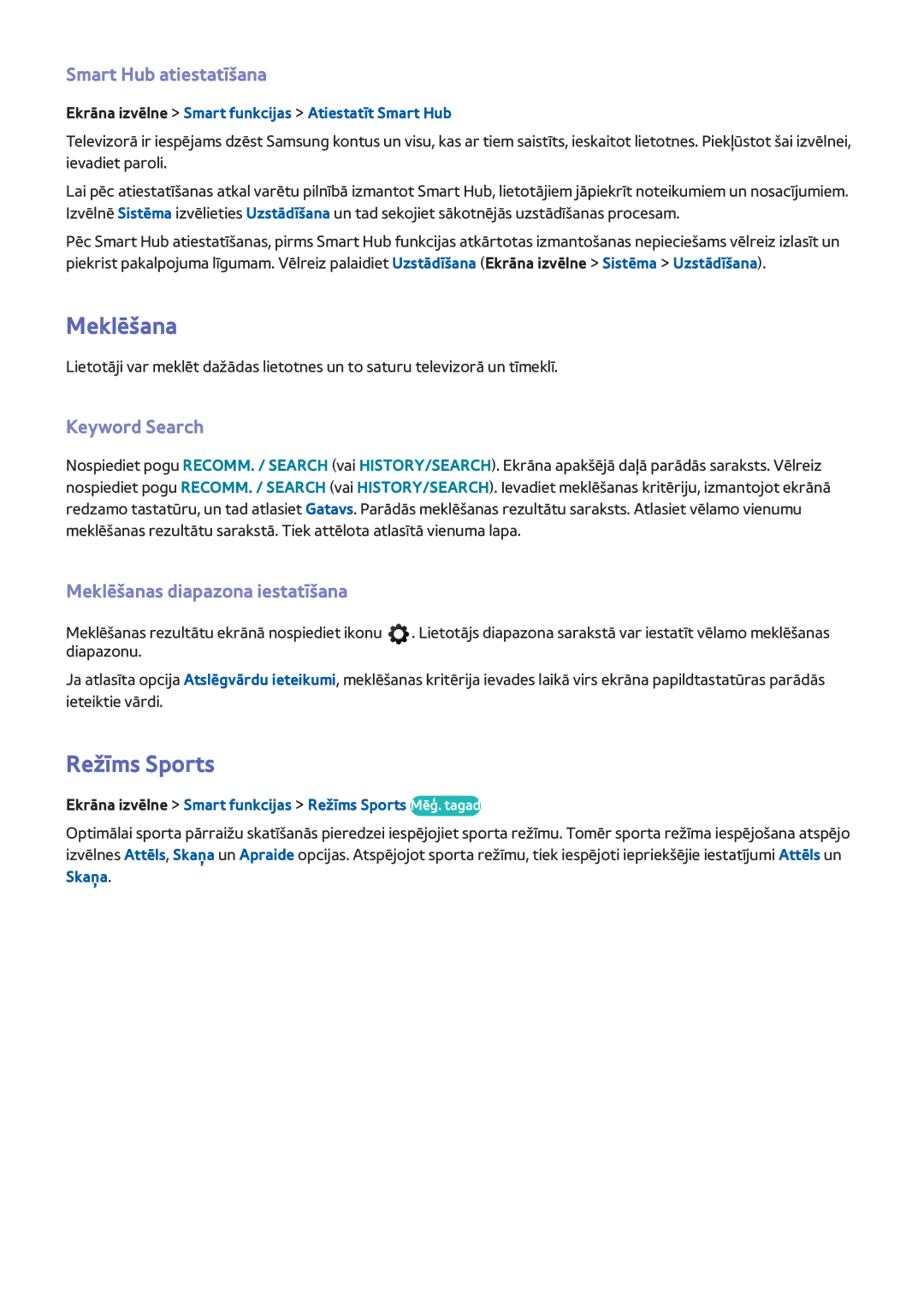 Samsung UE42F5570SSXZG manual Režīms Sports, Smart Hub atiestatīšana, Keyword Search, Meklēšanas diapazona iestatīšana 