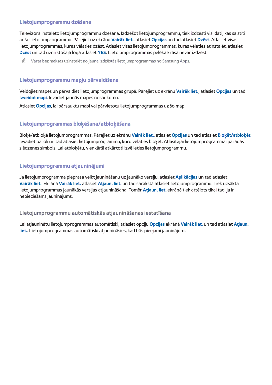 Samsung UE50F6500SSXZG Lietojumprogrammu dzēšana, Lietojumprogrammu mapju pārvaldīšana, Lietojumprogrammu atjauninājumi 