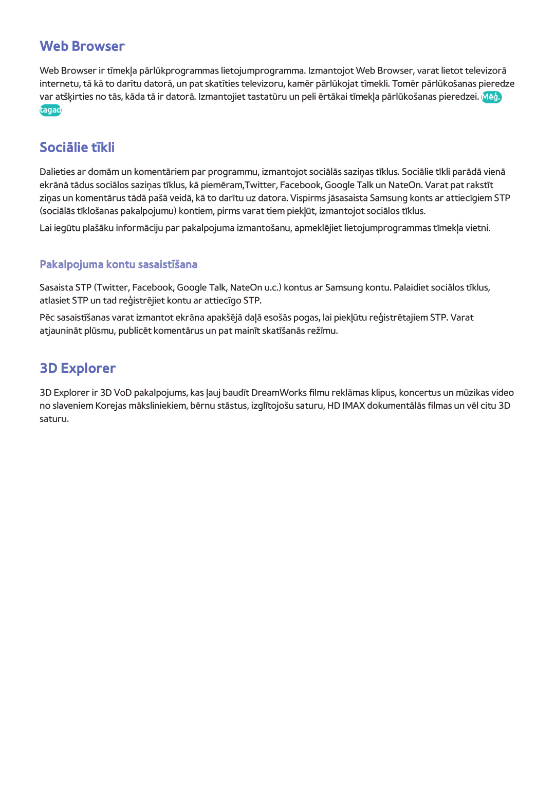 Samsung UE60F6370SSXZG, UE42F5570SSXZG manual Web Browser, Sociālie tīkli, 3D Explorer, Pakalpojuma kontu sasaistīšana 