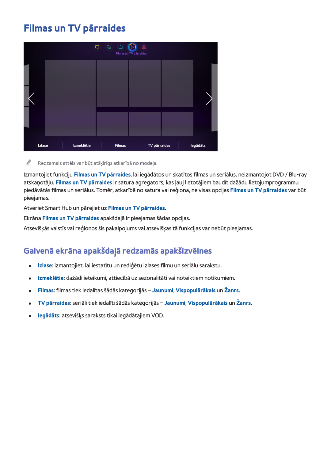 Samsung UE55F6770SSXZG, UE42F5570SSXZG manual Filmas un TV pārraides, Galvenā ekrāna apakšdaļā redzamās apakšizvēlnes 