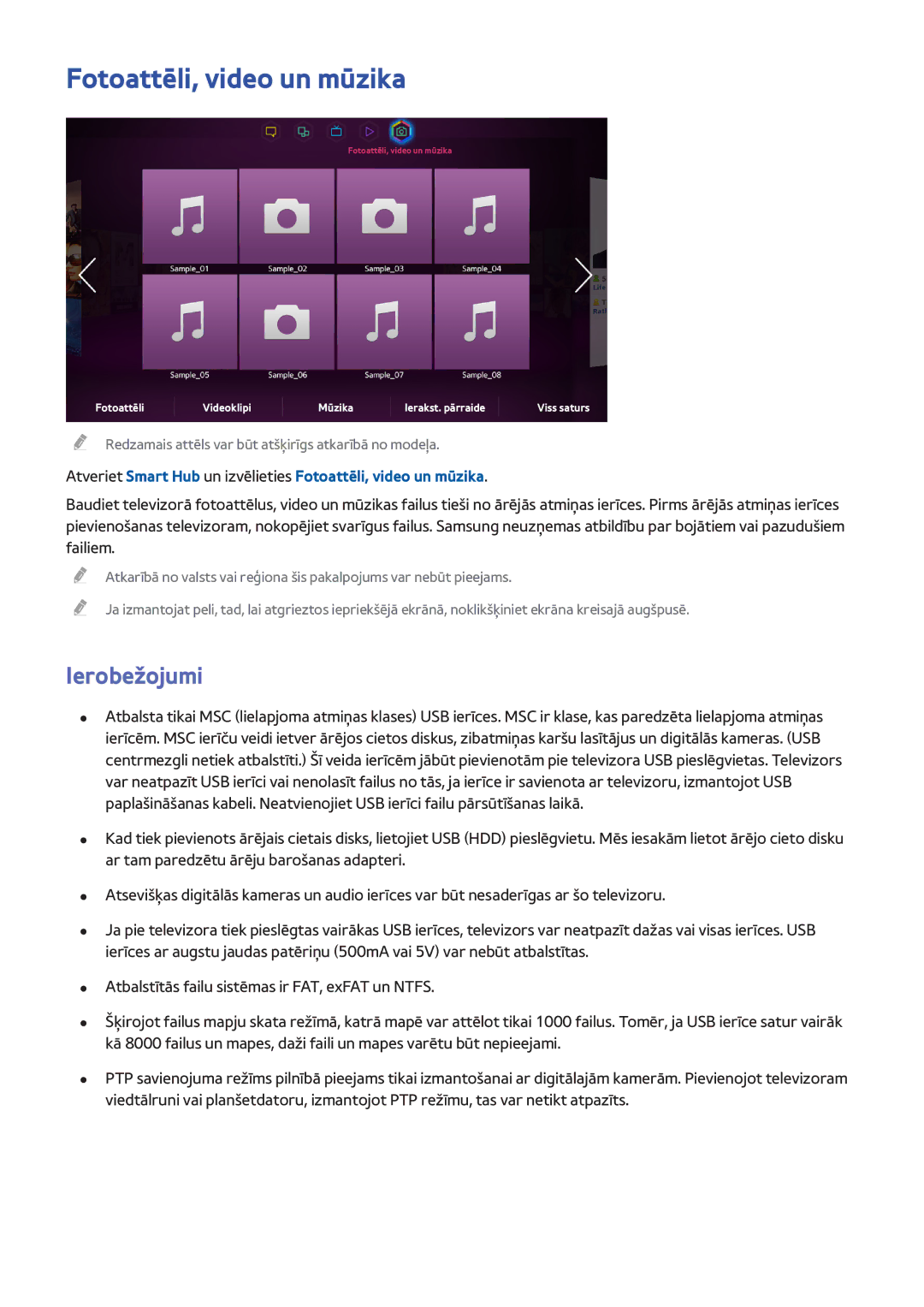 Samsung UE32F4500AWXXH, UE42F5570SSXZG, UE55F6500SSXZG, UE46F6510SSXZG manual Fotoattēli, video un mūzika, Ierobežojumi 