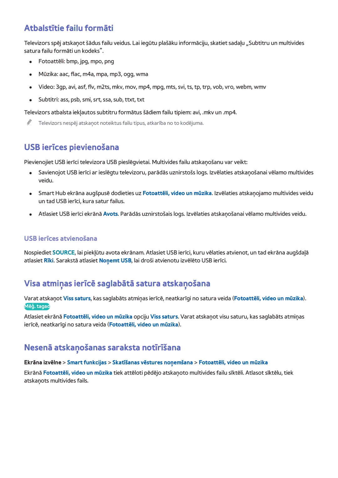 Samsung UE50F6500SBXXH manual Atbalstītie failu formāti, USB ierīces pievienošana, Nesenā atskaņošanas saraksta notīrīšana 