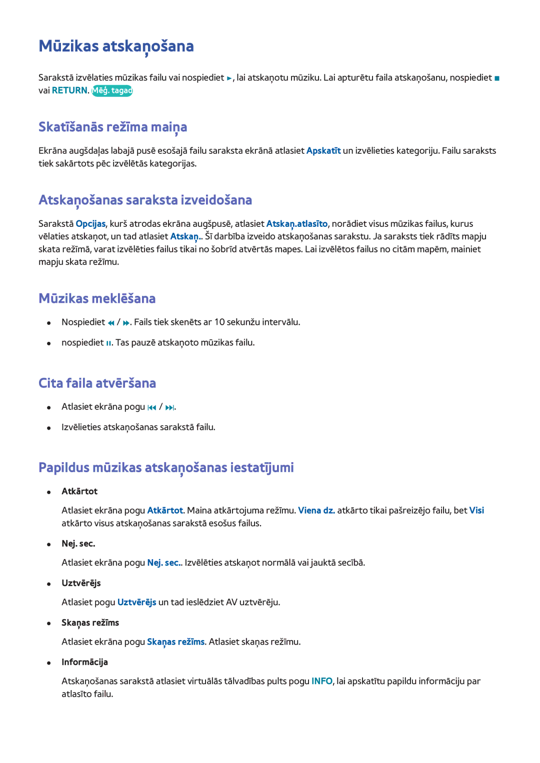 Samsung UE46F6200AWXXH manual Mūzikas atskaņošana, Mūzikas meklēšana, Papildus mūzikas atskaņošanas iestatījumi, Nej. sec 