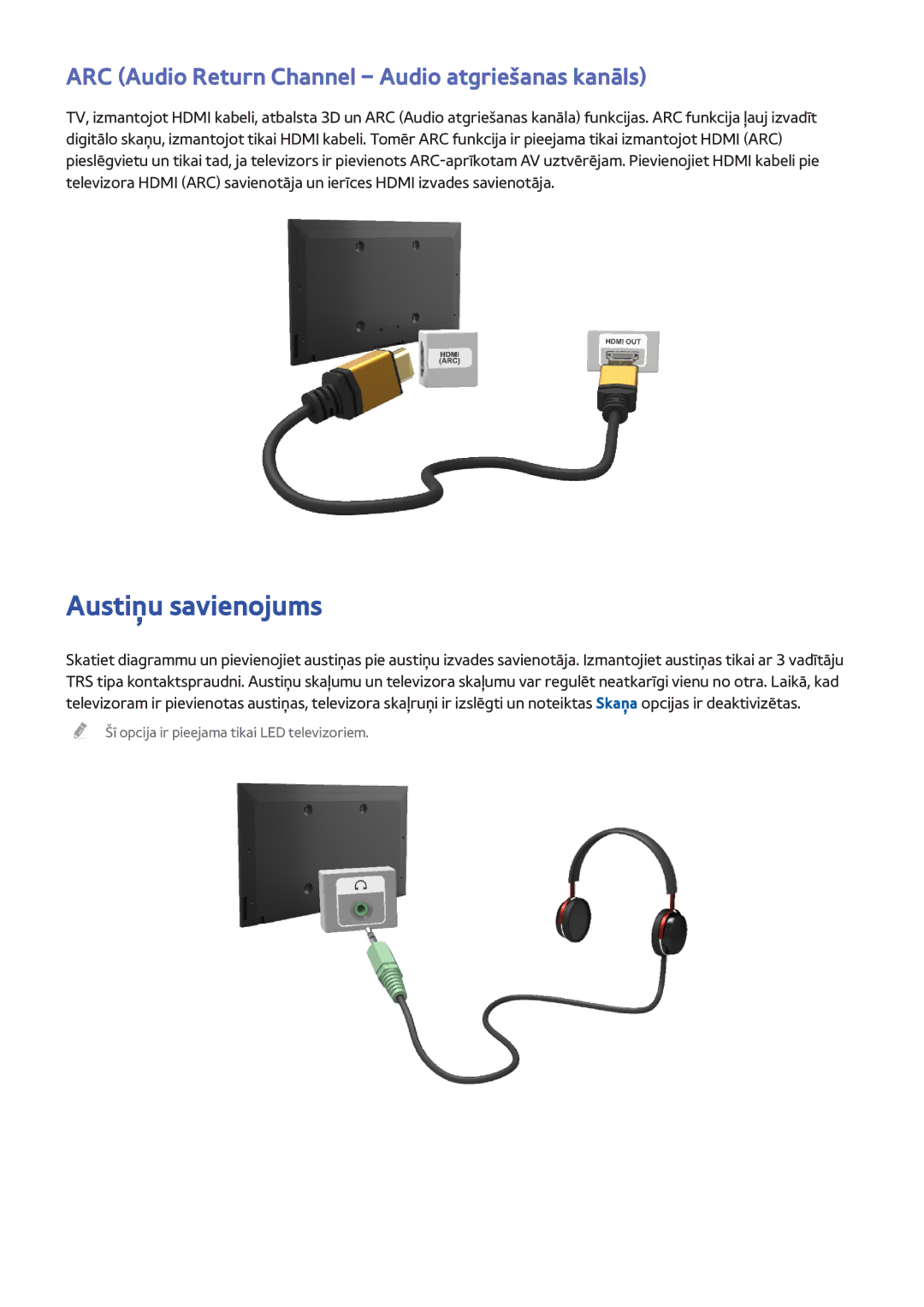 Samsung UE32F4500AWXXH, UE42F5570SSXZG manual Austiņu savienojums, ARC Audio Return Channel Audio atgriešanas kanāls 