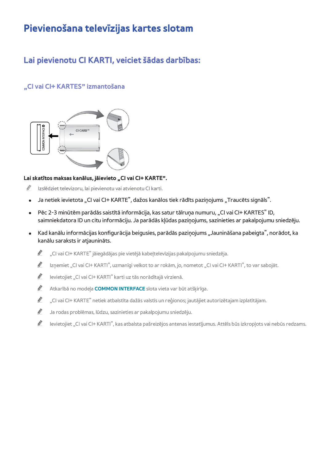 Samsung UE46F6800SBXXH manual Pievienošana televīzijas kartes slotam, Lai pievienotu CI KARTI, veiciet šādas darbības 