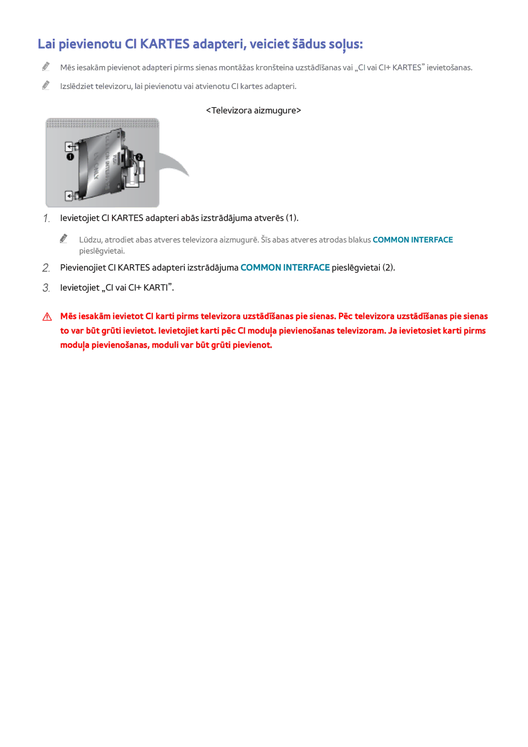 Samsung UE46F6510SBXXH, UE42F5570SSXZG, UE55F6500SSXZG manual Lai pievienotu CI Kartes adapteri, veiciet šādus soļus 