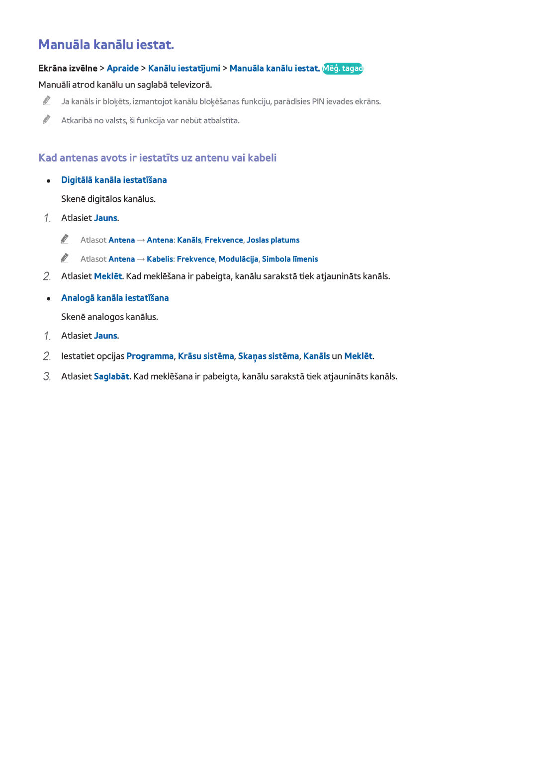 Samsung UE42F5300AWXXH, UE42F5570SSXZG manual Manuāla kanālu iestat, Kad antenas avots ir iestatīts uz antenu vai kabeli 