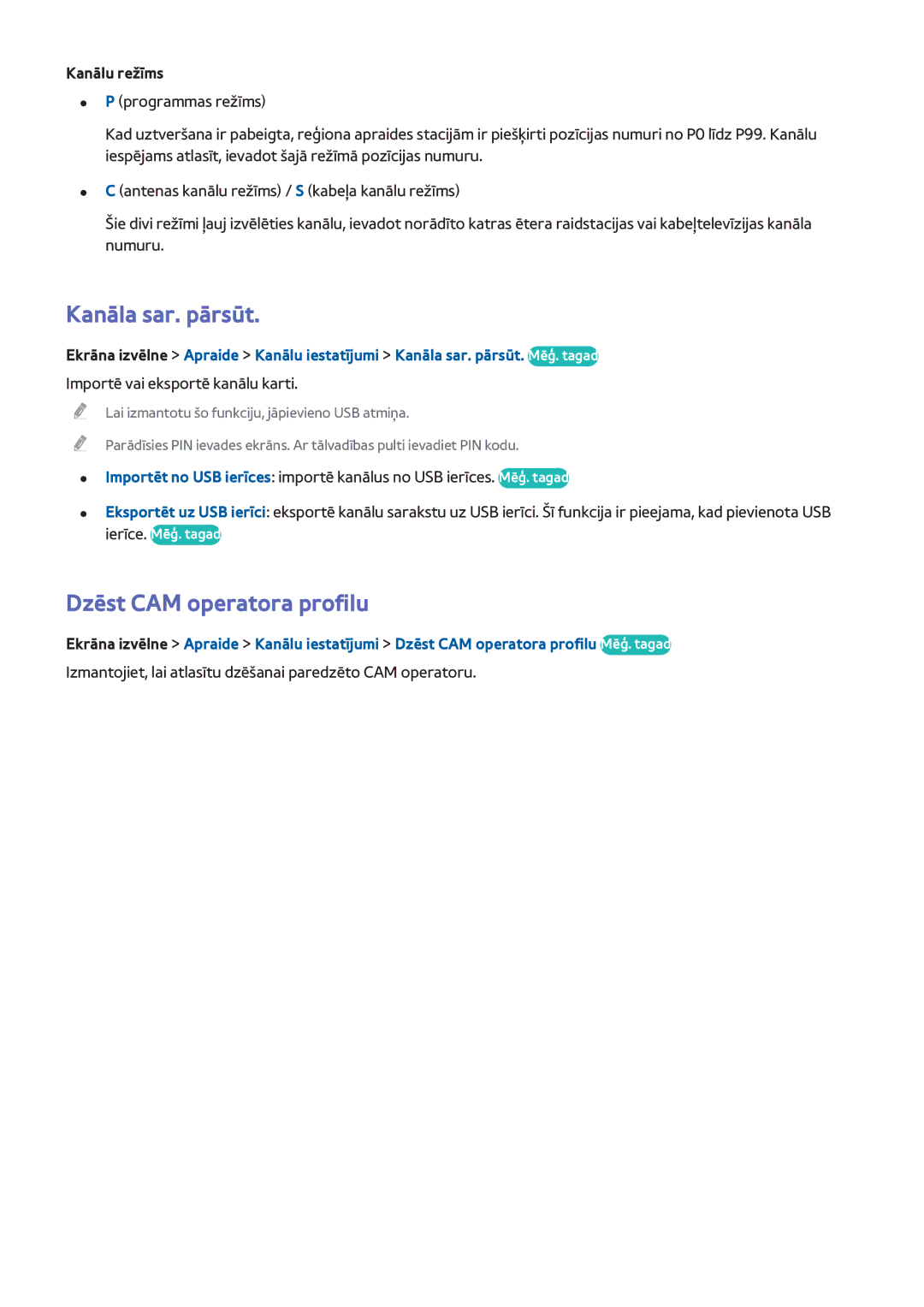 Samsung UE46F6200AWXXH, UE42F5570SSXZG, UE55F6500SSXZG manual Kanāla sar. pārsūt, Dzēst CAM operatora profilu, Kanālu režīms 