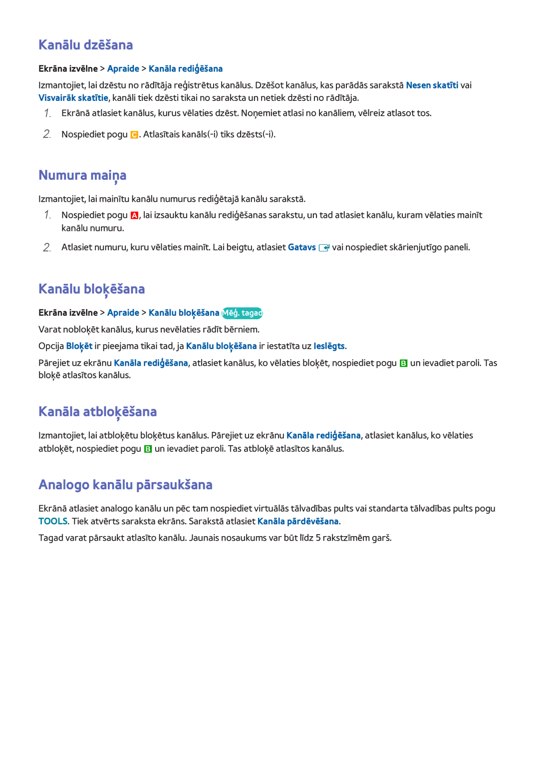 Samsung UE32F5500AWXXH Kanālu dzēšana, Numura maiņa, Kanālu bloķēšana, Kanāla atbloķēšana, Analogo kanālu pārsaukšana 