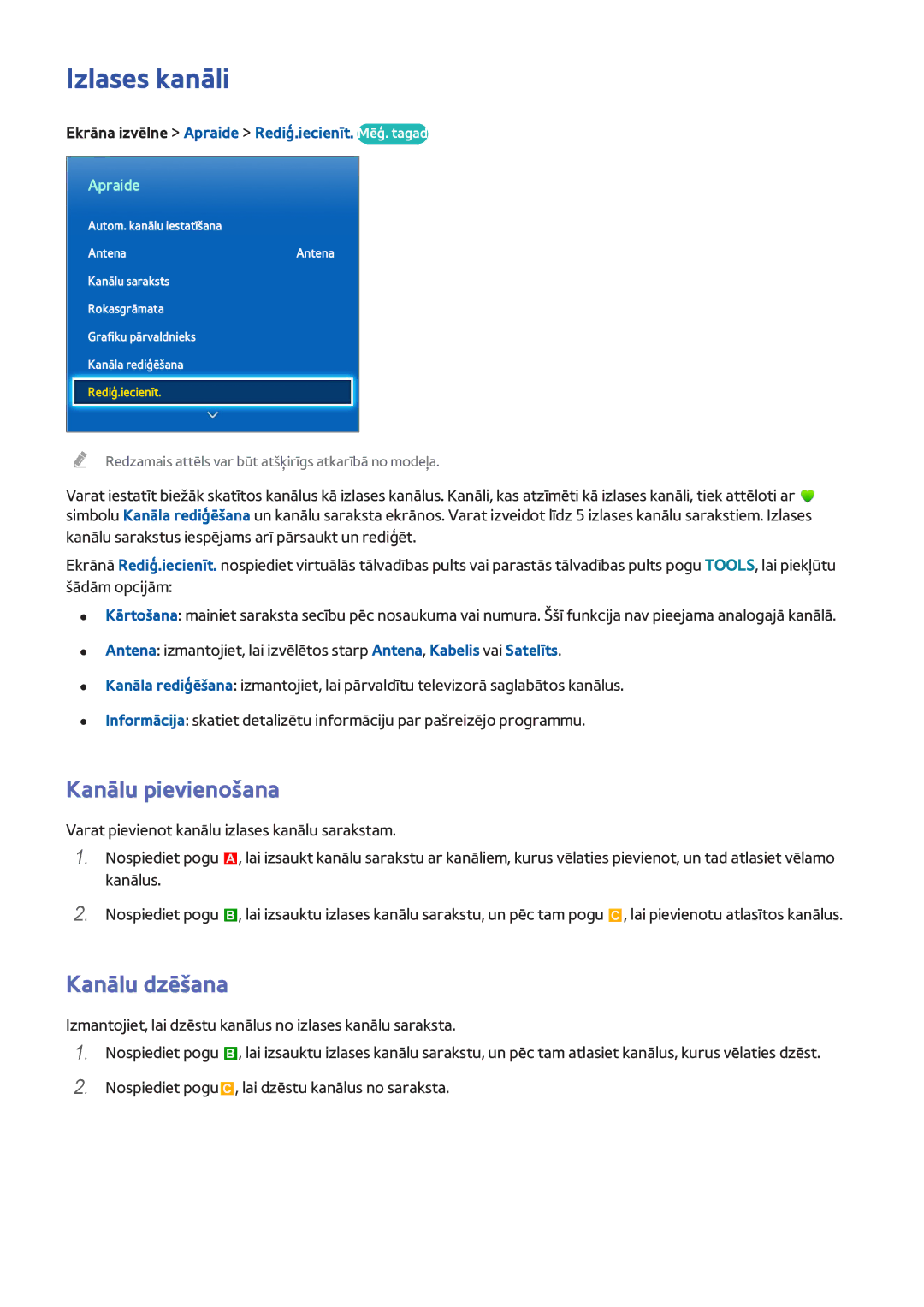 Samsung UE65F6400AKXXH manual Izlases kanāli, Kanālu pievienošana, Ekrāna izvēlne Apraide Rediģ.iecienīt. Mēģ. tagad 