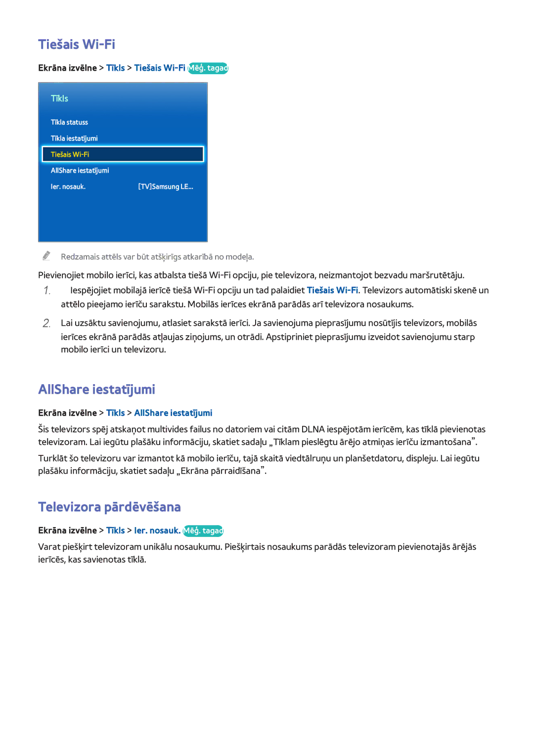 Samsung UE22F5410AWXXH, UE42F5570SSXZG, UE55F6500SSXZG manual Tiešais Wi-Fi, AllShare iestatījumi, Televizora pārdēvēšana 