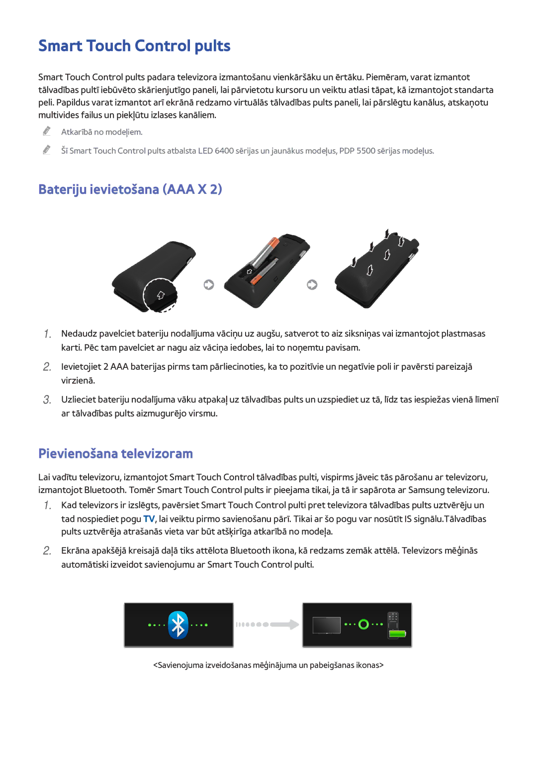 Samsung UE42F5700AWXXH, UE42F5570SSXZG Smart Touch Control pults, Bateriju ievietošana AAA X, Pievienošana televizoram 