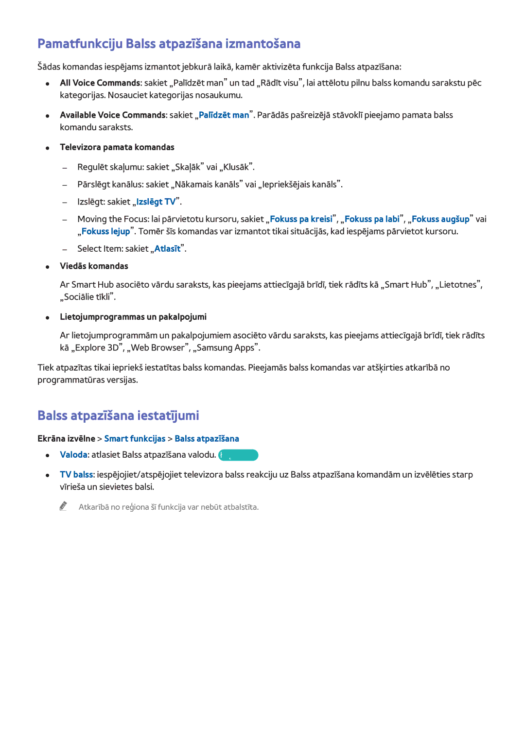 Samsung UE50F6400AKXXH, UE42F5570SSXZG manual Pamatfunkciju Balss atpazīšana izmantošana, Balss atpazīšana iestatījumi 