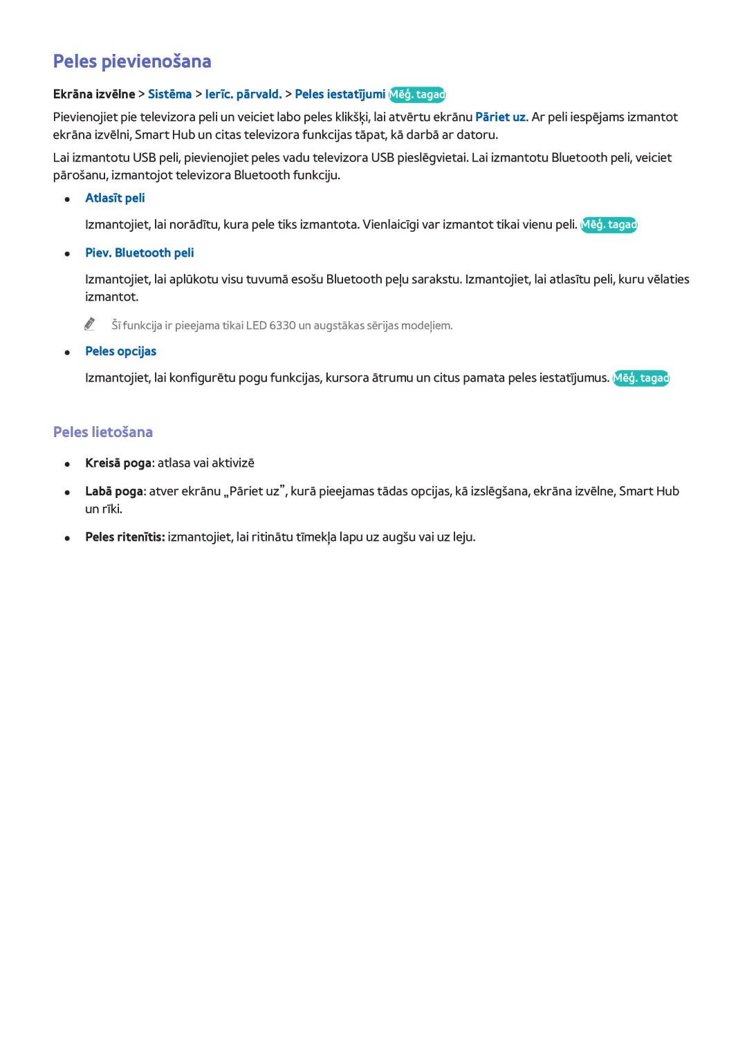 Samsung UE55F6770SSXZG manual Peles pievienošana, Peles lietošana, Atlasīt peli, Piev. Bluetooth peli, Peles opcijas 