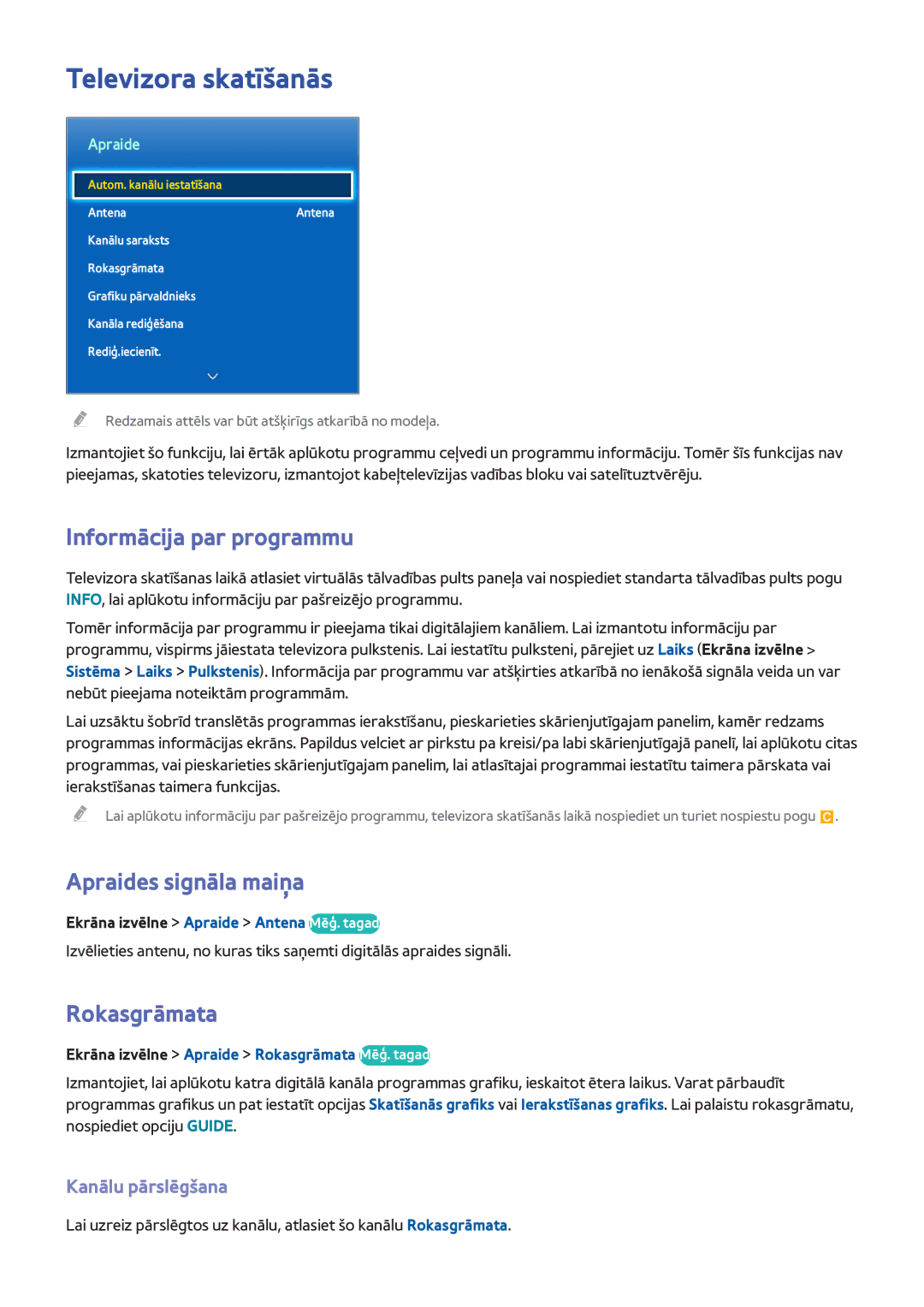 Samsung UE42F5370SSXZG manual Televizora skatīšanās, Informācija par programmu, Apraides signāla maiņa, Rokasgrāmata 