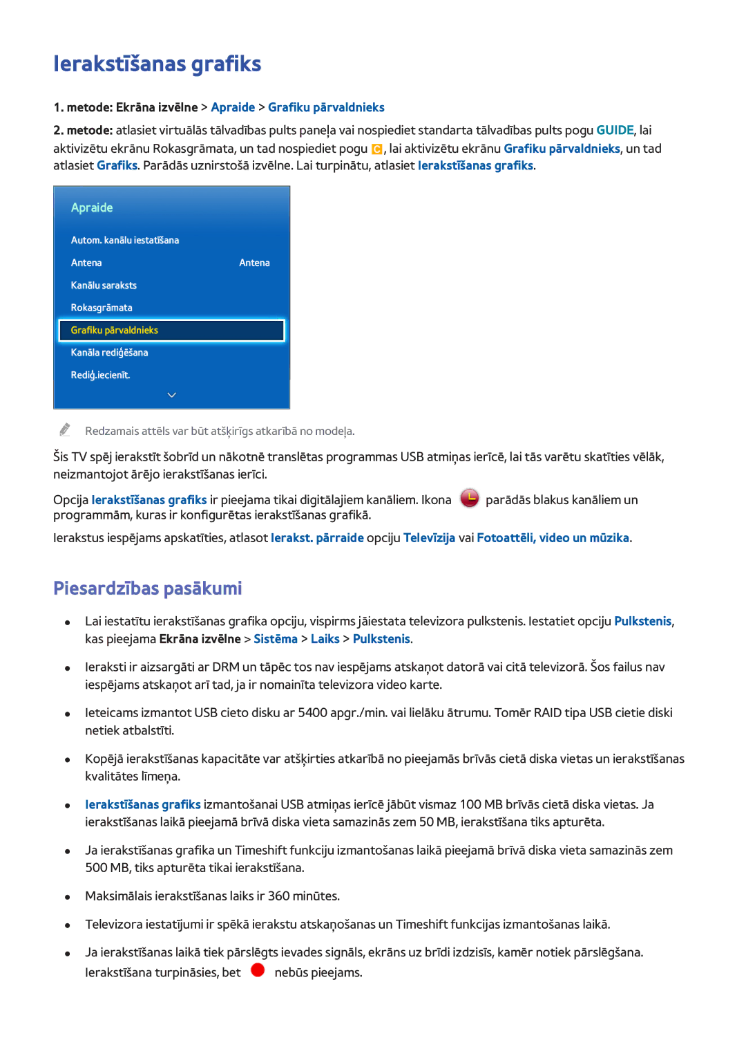 Samsung UE42F5500AWXXH, UE42F5570SSXZG manual Ierakstīšanas grafiks, Metode Ekrāna izvēlne Apraide Grafiku pārvaldnieks 