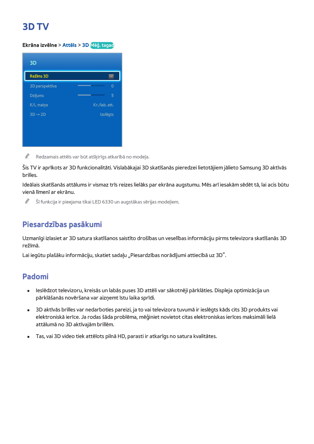 Samsung UE55F6400AKXXH, UE42F5570SSXZG, UE55F6500SSXZG, UE46F6510SSXZG manual Padomi, Ekrāna izvēlne Attēls 3D Mēģ. tagad 
