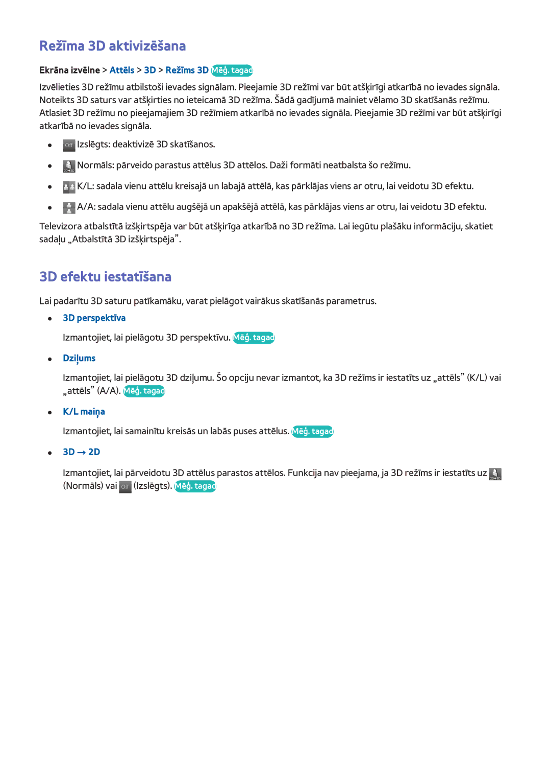 Samsung UE46F6400AKXXH, UE42F5570SSXZG, UE55F6500SSXZG, UE46F6510SSXZG manual Režīma 3D aktivizēšana, 3D efektu iestatīšana 