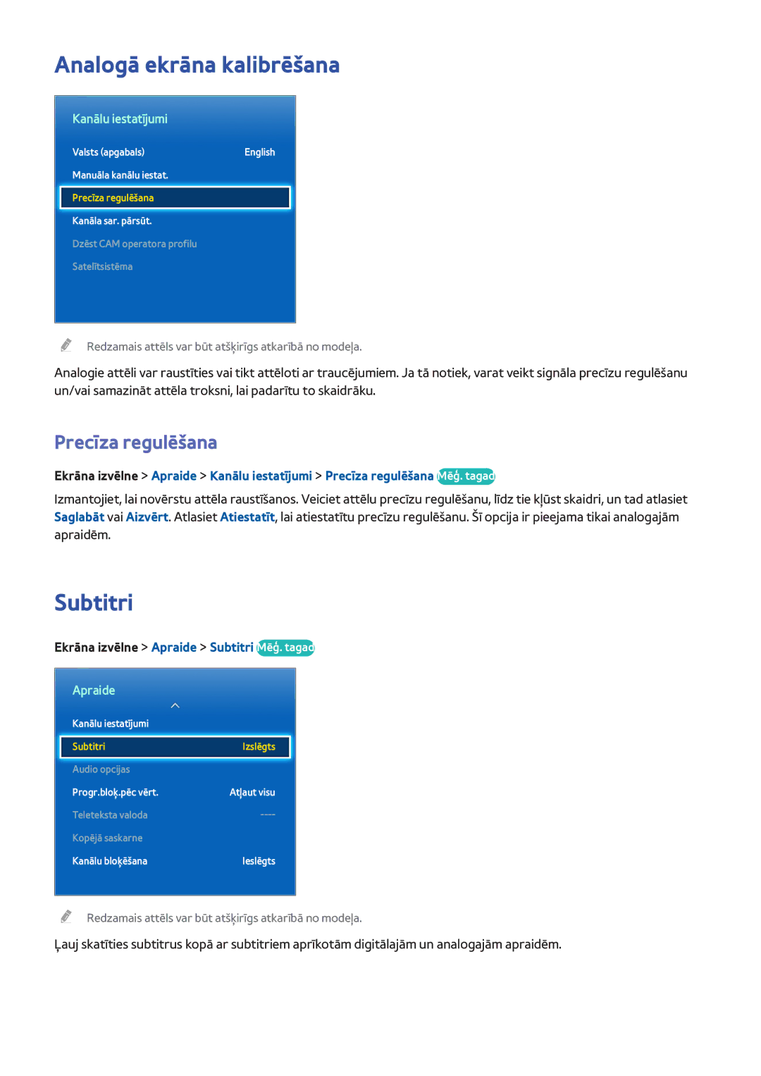 Samsung UE75F6300AWXXH, UE42F5570SSXZG manual Analogā ekrāna kalibrēšana, Subtitri, Precīza regulēšana, Kanālu iestatījumi 