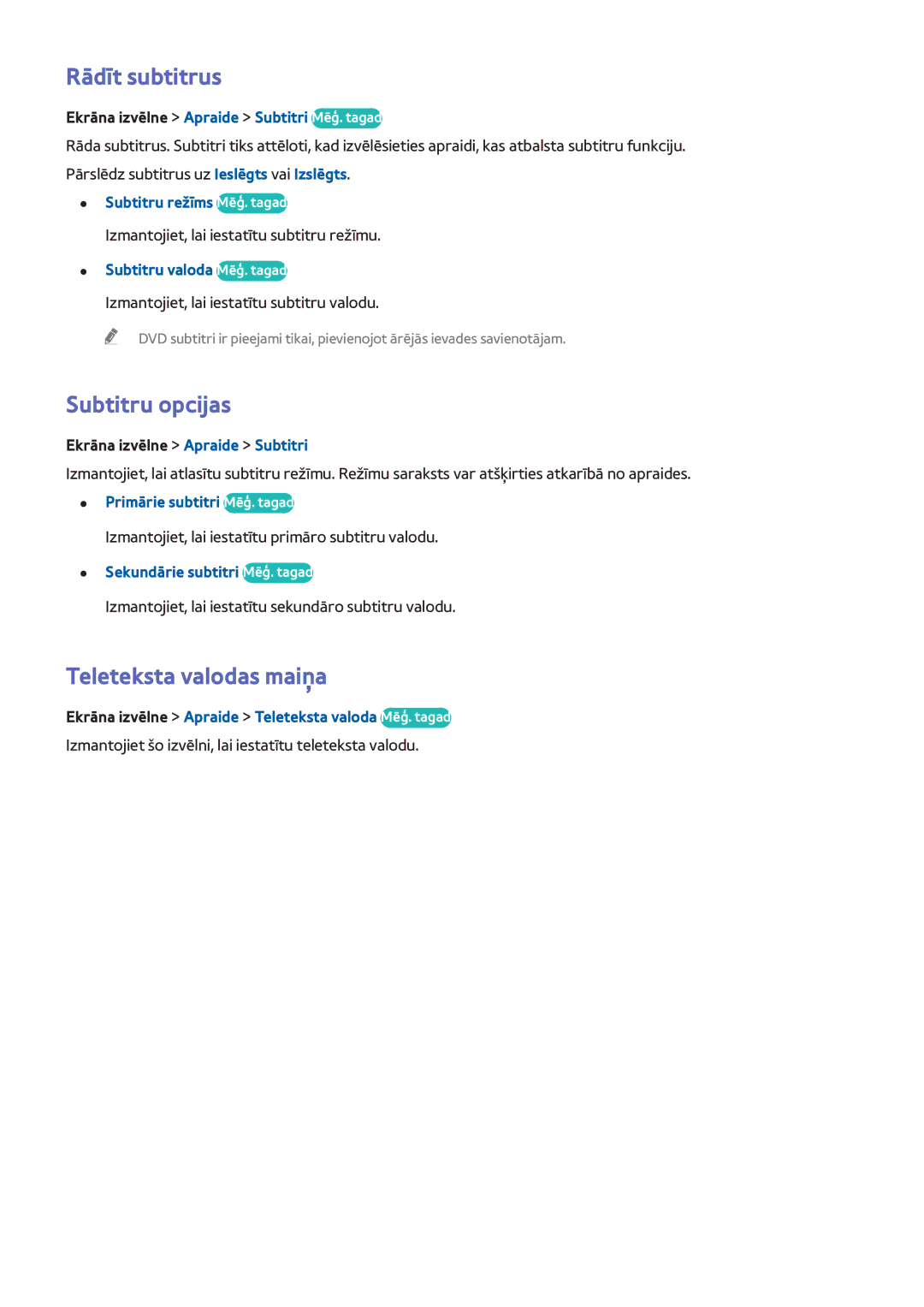 Samsung UE32F4510AWXXH, UE42F5570SSXZG, UE55F6500SSXZG manual Rādīt subtitrus, Subtitru opcijas, Teleteksta valodas maiņa 